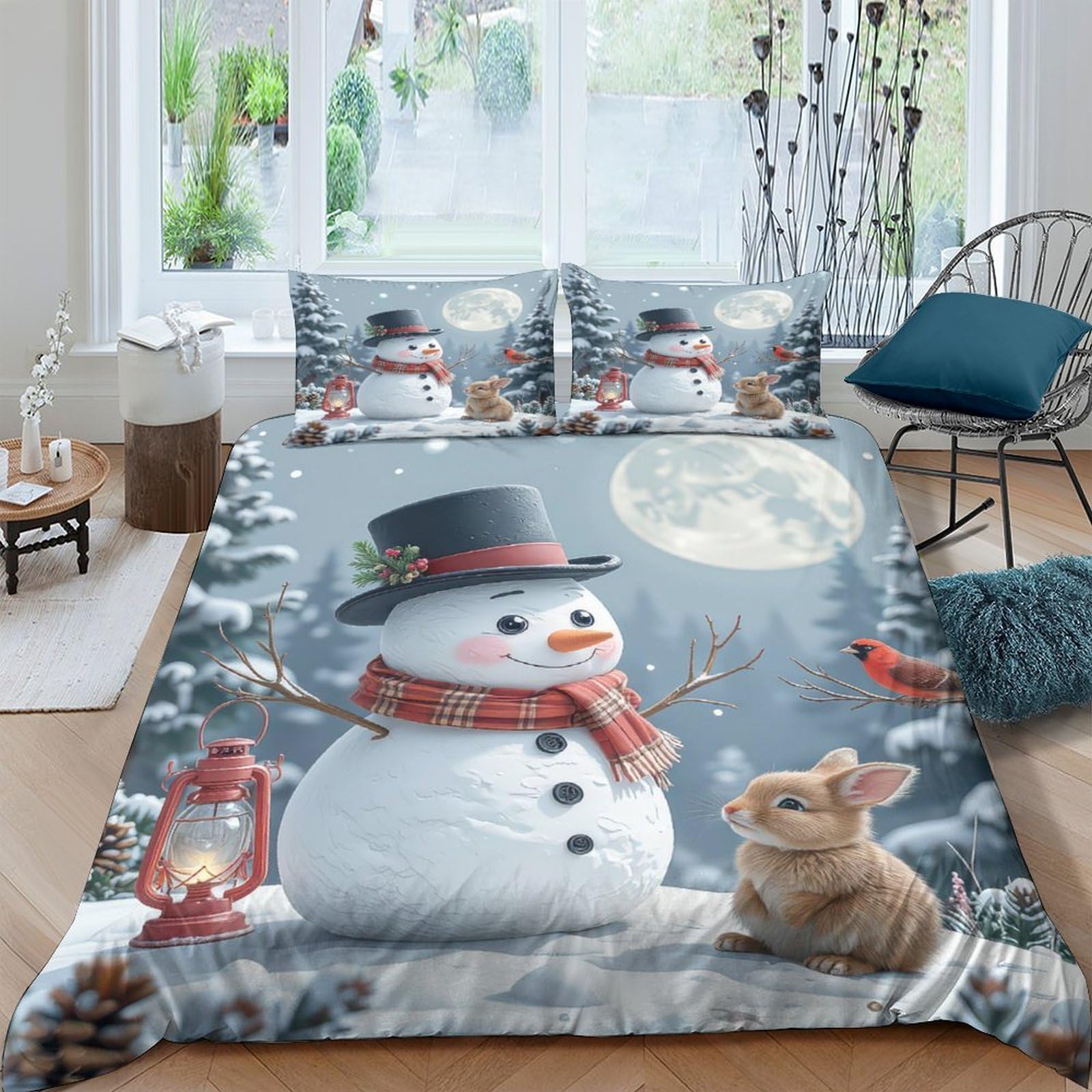 Ctjqhvkz Style-6 3D Printed Snowman Winter Night Fitted Sheet Microfiber Soft Rabbit Bed Cover For Bedroom Guest Room Decor Single（135X200cm）