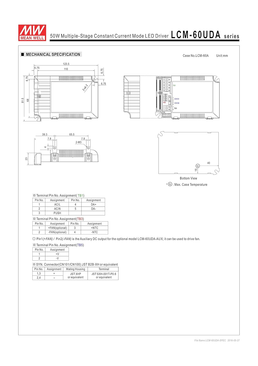 MW Mean Well LCM-60UDA 2V-90V 500mA-1400mA 50.4W Multiple-Stage Constant Current Mode LED Driver