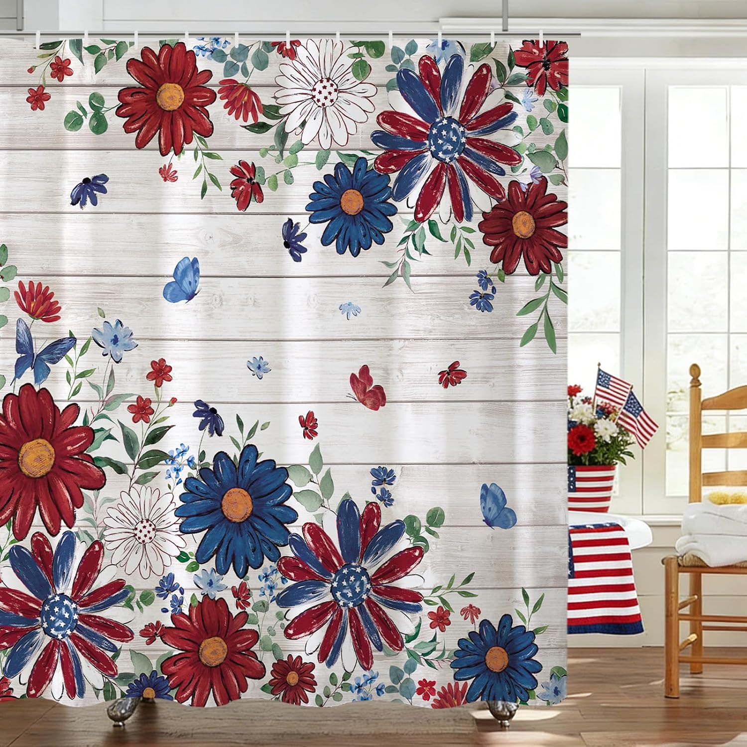 Baccessor 4th of July Shower Curtain,Patriotic Flower Independence Day Memorial Day Stars Shower Curtain Waterproof Fabric Bathroom Bath Decor with Hooks 72 W x72 H Inch