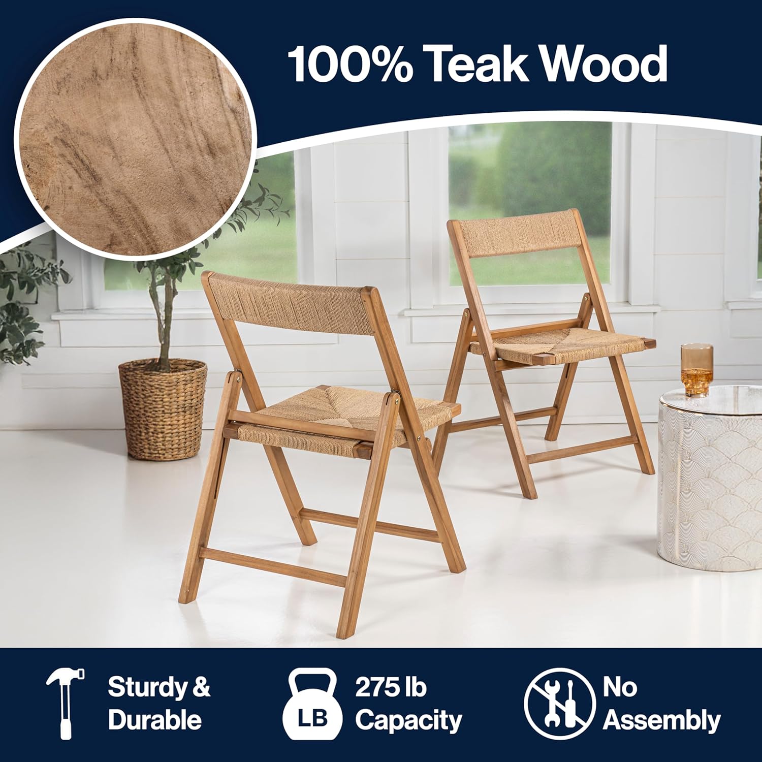 JONATHAN Y FLD1002A-SET2 Kiawah Coastal Modern Wood Woven Seagrass Folding Chair Transitional, Bohemian, Classic, Scandinavian, Minimalist, Mid-Century, Natural (Set of 2)