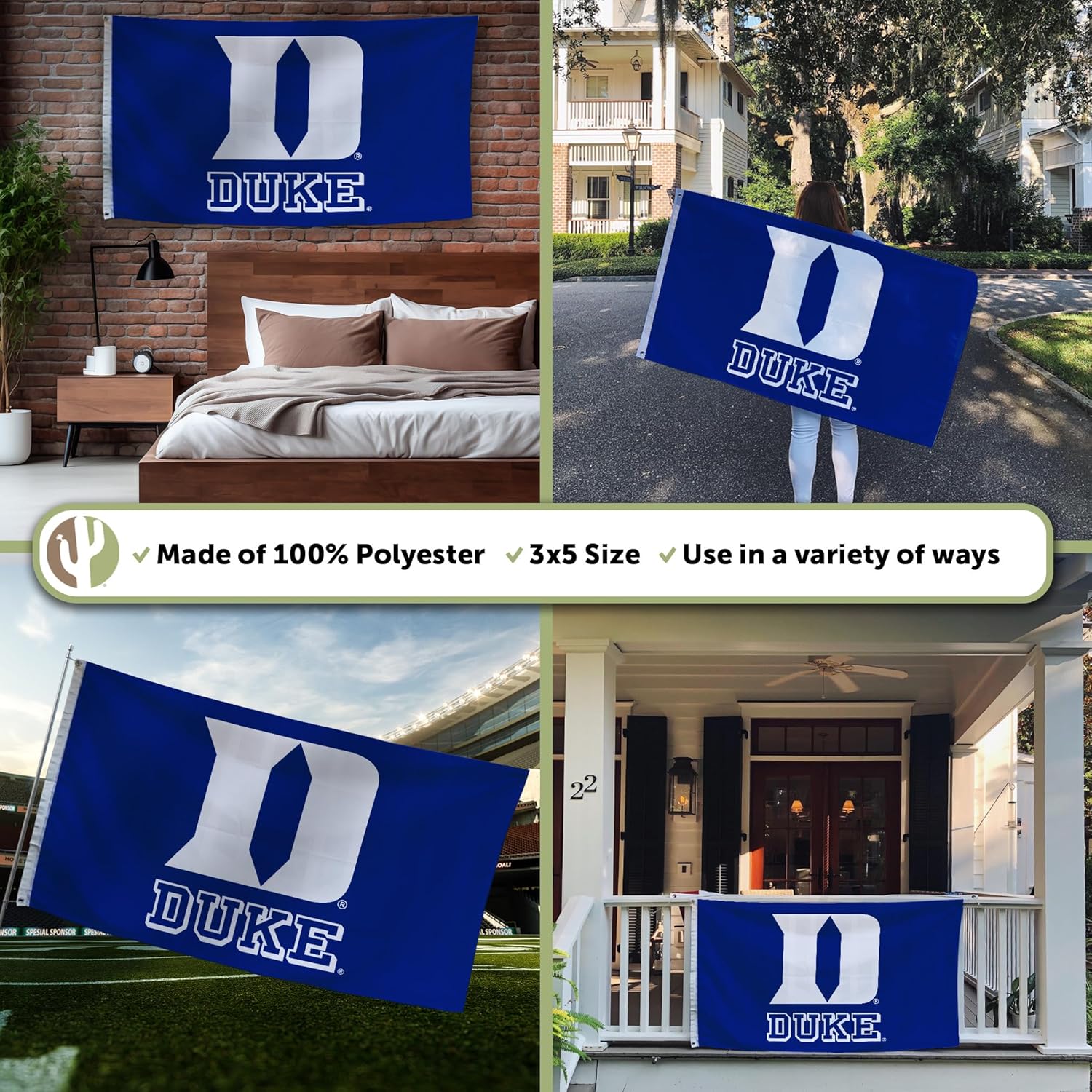 Desert Cactus Duke University Flag - 3 x 5 Feet DU Duke Blue Devils Banner, Indoor/Outdoor Durable Fabric, 100% Polyester Design(E2)