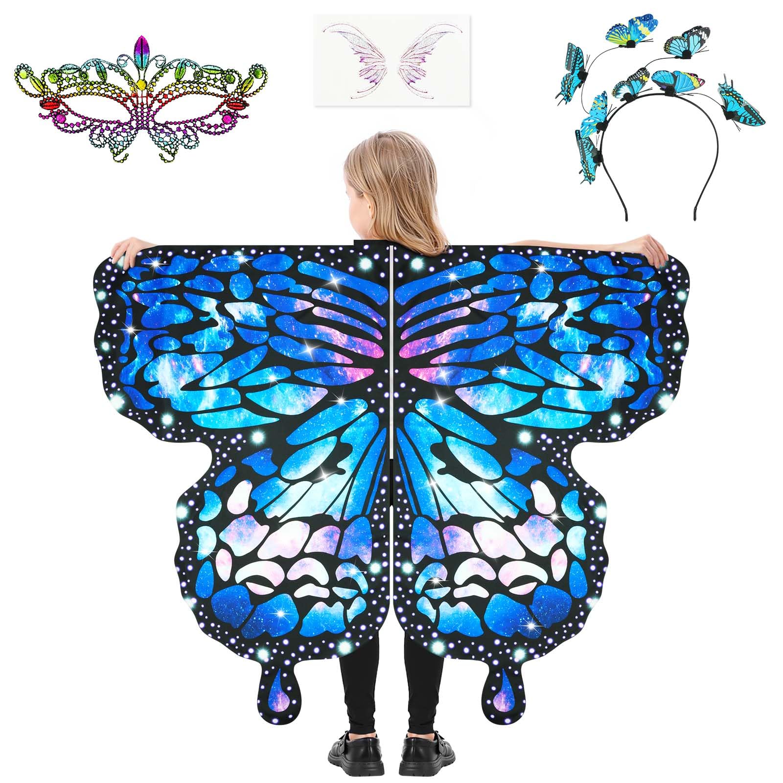 AUYAO Kinder Feenflügel Kostüm 4PC Schmetterlings Flügel Set Mädchen mit Maske Haarreif Tattoo Schmetterling Umhang Flügel Prinzessinnenflügel Schmetterlings Elfen Fee Anzieh Sets Schmetterling Kostüm