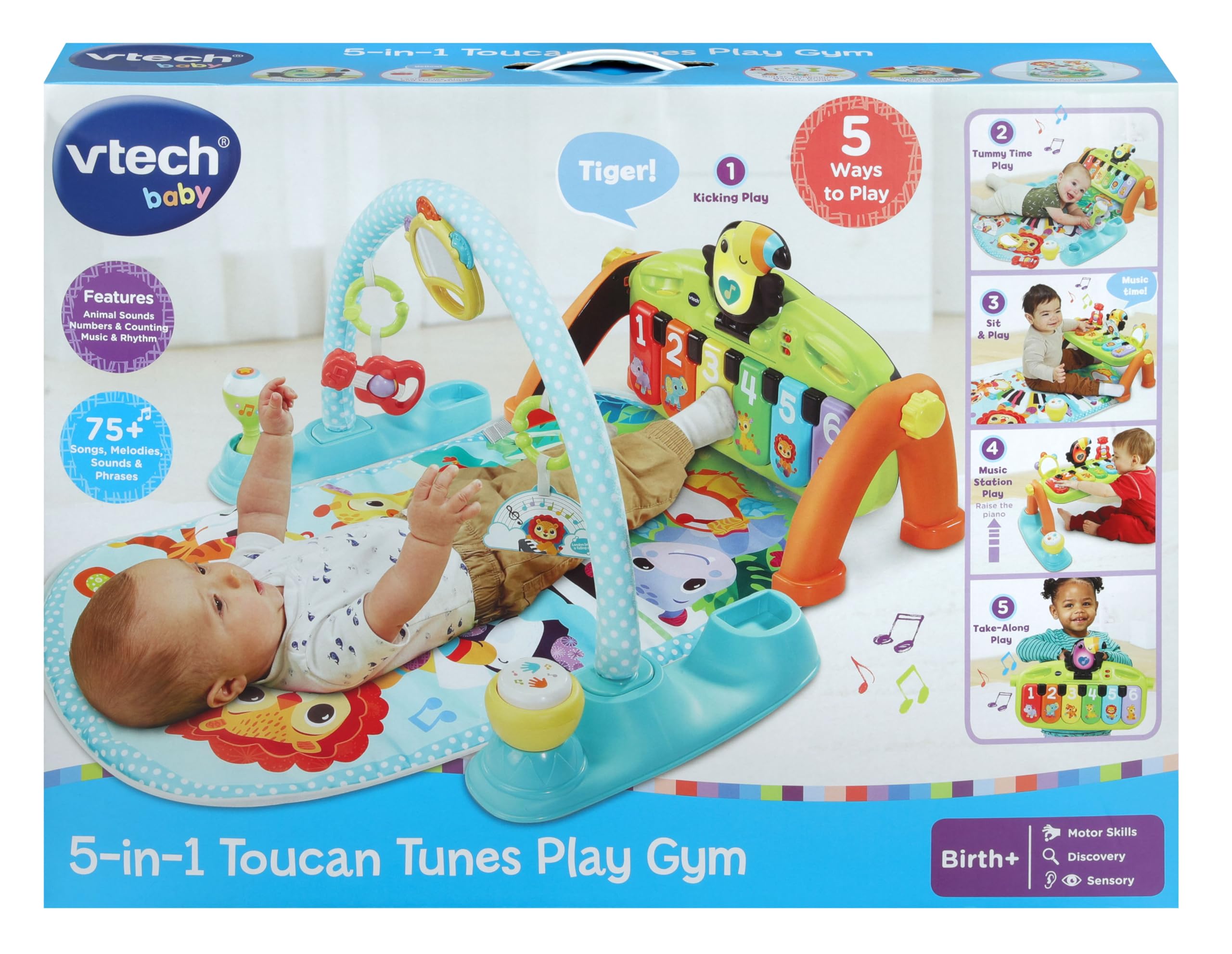 VTech Tukan Tunes do zabawy dla niemowląt 5 w 1, sensoryczny, pokój zabaw, jasny pokój zabaw, eksploracja muzyki, odpowiedni dla dzieci w wieku 0, 3, 6, 9 miesięcy, wersja angielska