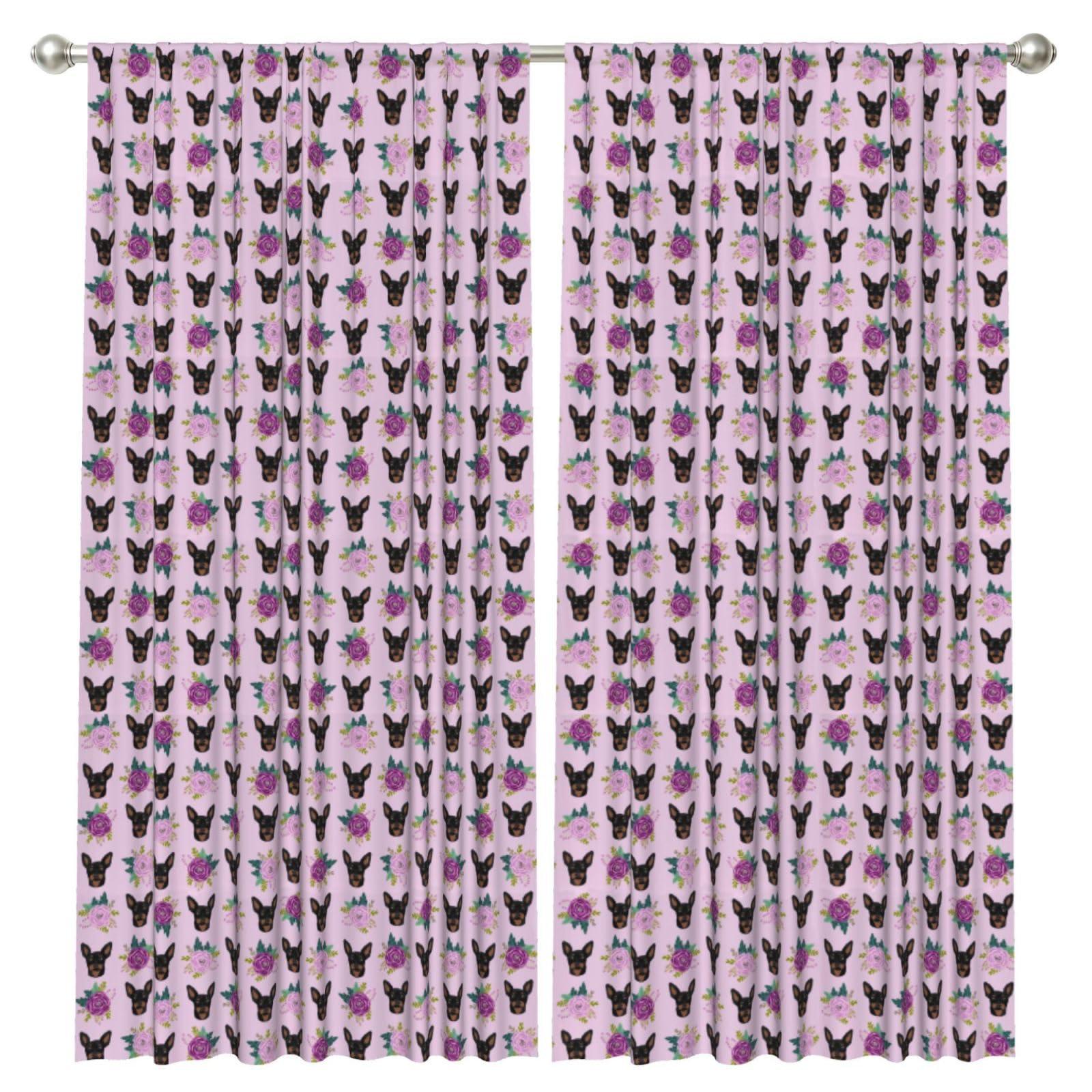 InOmak Miniature Pinscher Lavender Florals, 2 Panels Window Curtains 52 x 84 Inch Blackout Curtains for Living Room Bedroom