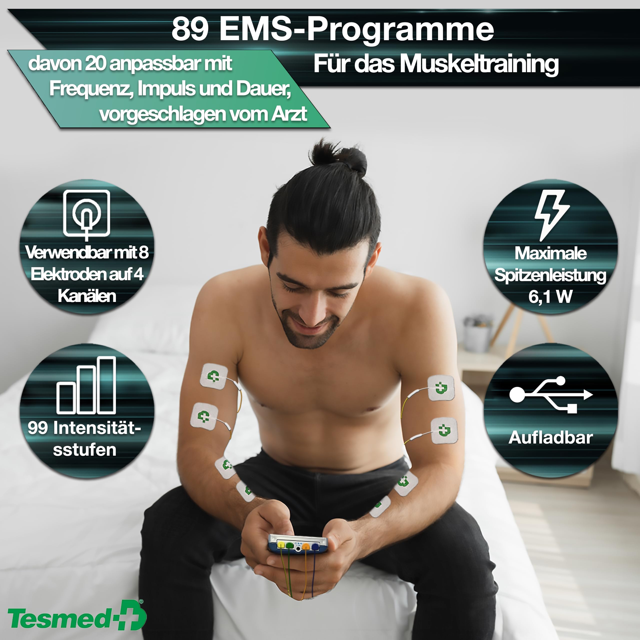 TESMED Max 830: Professionelles TENS/EMS/Massagegerät mit sequentieller Stimulation, 4 Kanäle, 115 Programme, Davon 20 Anpassbar, Wiederaufladbar, Inklusive 20 Elektroden