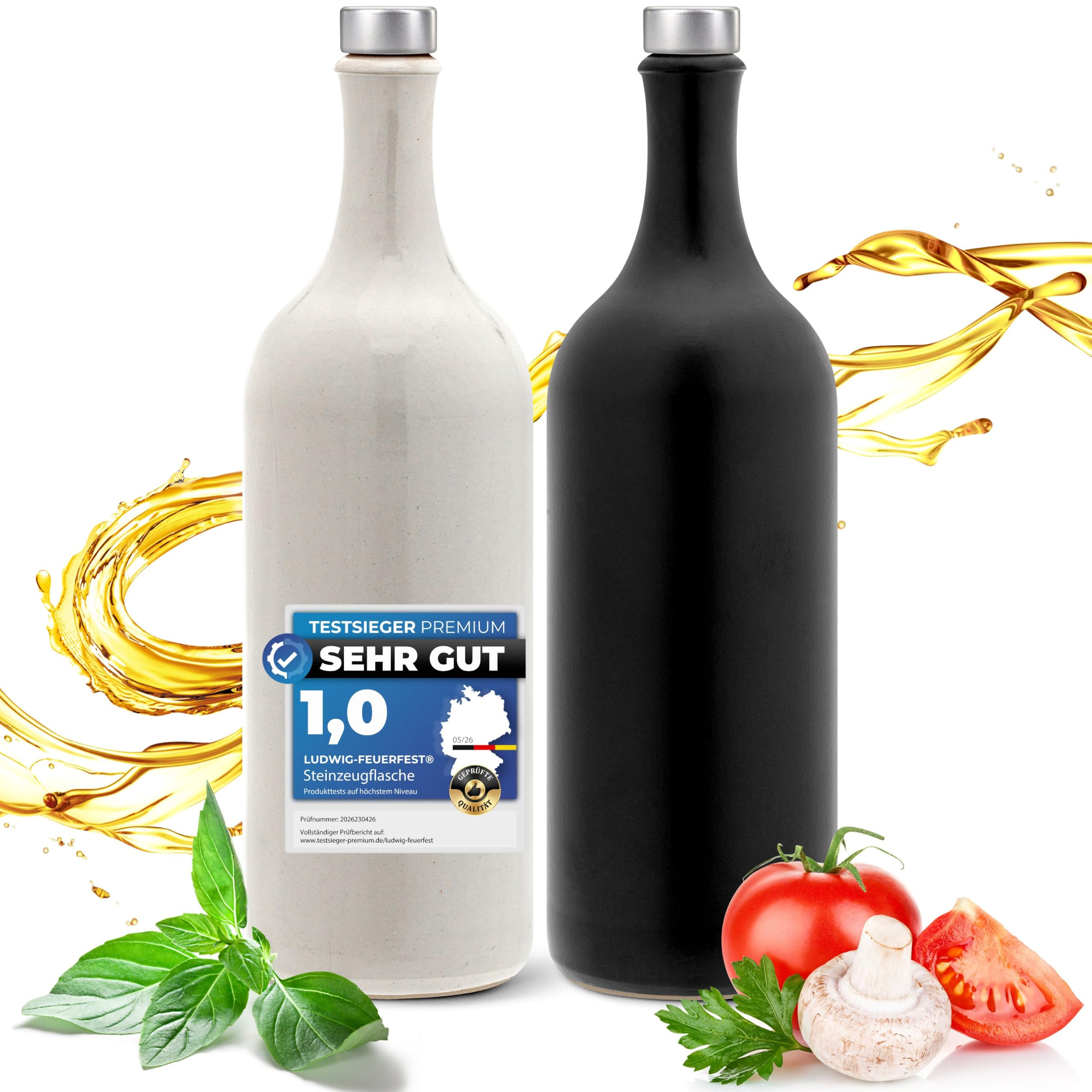 Gourmet Essig & Öl Flaschen mit Ausgießer, Made in Germany, Steinzeug, 2x 750ml, schwarz/weiß