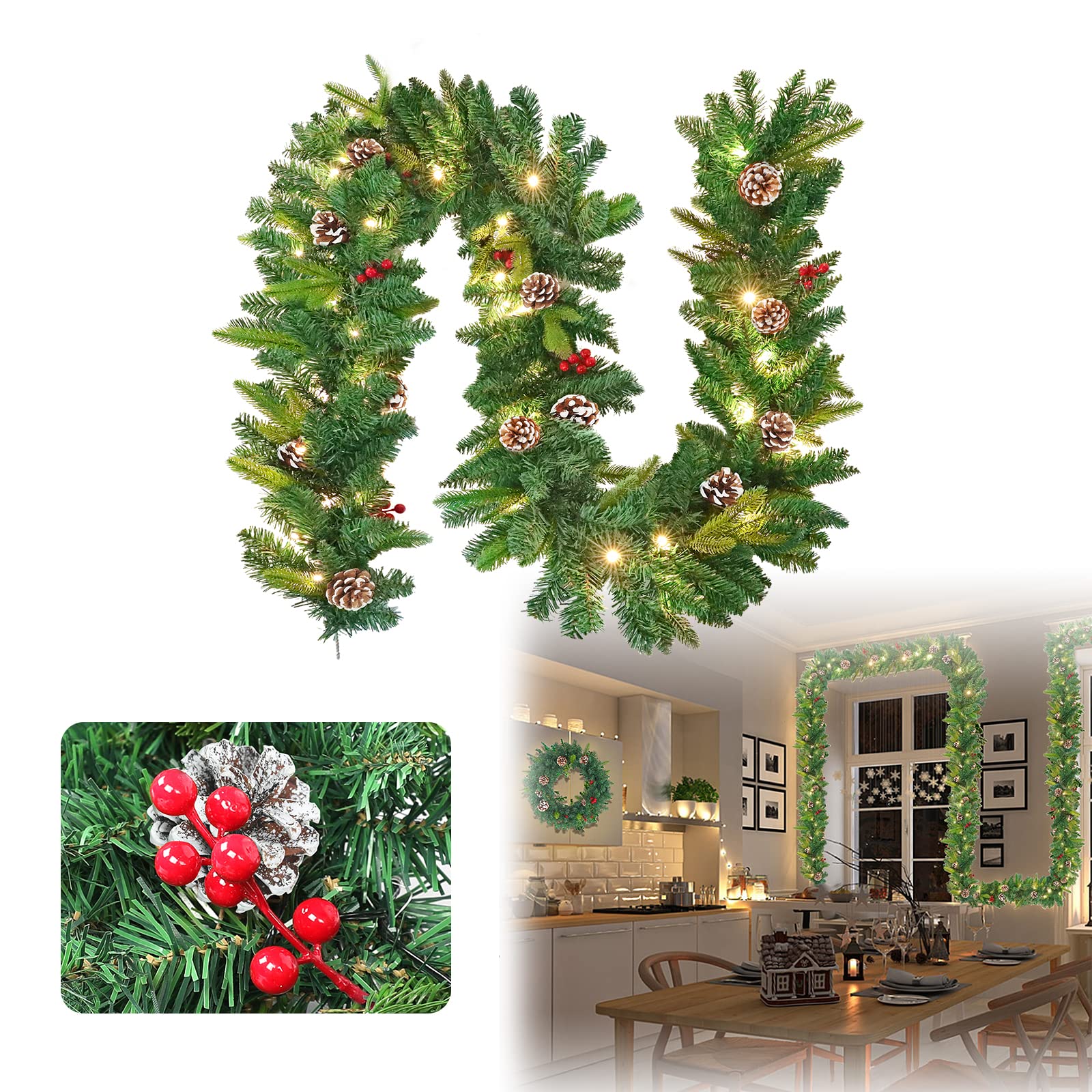 ACXIN Couronne de Noël avec guirlande lumineuse LED - Guirlande de Noël - Couronne de sapin avec pommes de pin - Baie rouge - Décoration de Noël artificielle pour l'intérieur et l'extérieur (500 cm)