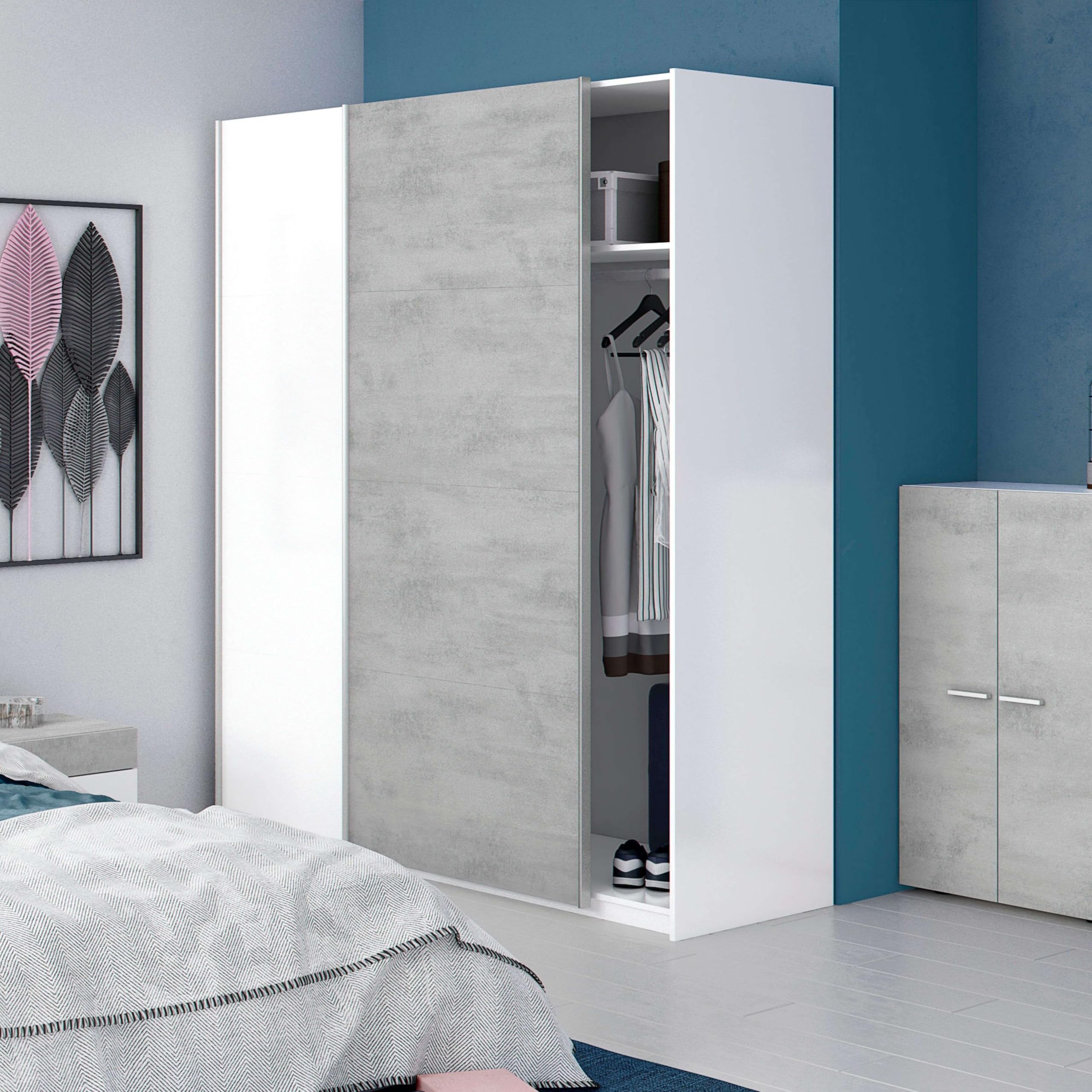 Habitdesign Armario 2 Puertas Correderas con Estantes y Barra, 200x120x50 (AltoxAnchoxFondo - en cm), Color Blanco Artik y Cemento, Modelo Indira