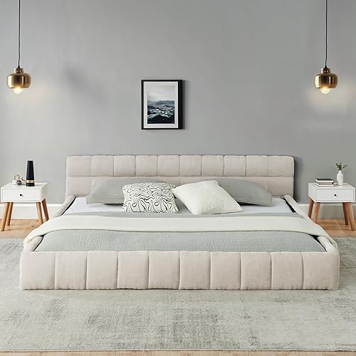 Miniatura 3 de Base de cama tapizada tamaño California King con tela de felpilla gruesa, cama de plataforma con cabecero copetudo, marco de madera maciza, diseño