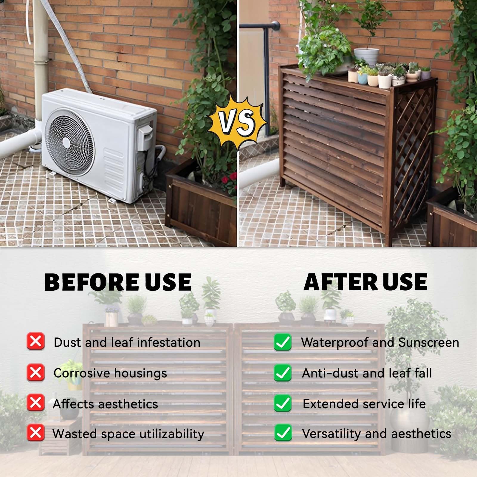 Cache Climatiseur Exterieur Balcon Cache Clim Bois Housse Climatiseur Extérieur Cache Pompe À Chaleur Protéger du Soleil Et De La Pluie Cache Unité Extérieure Climatisation(100x44x93cm)