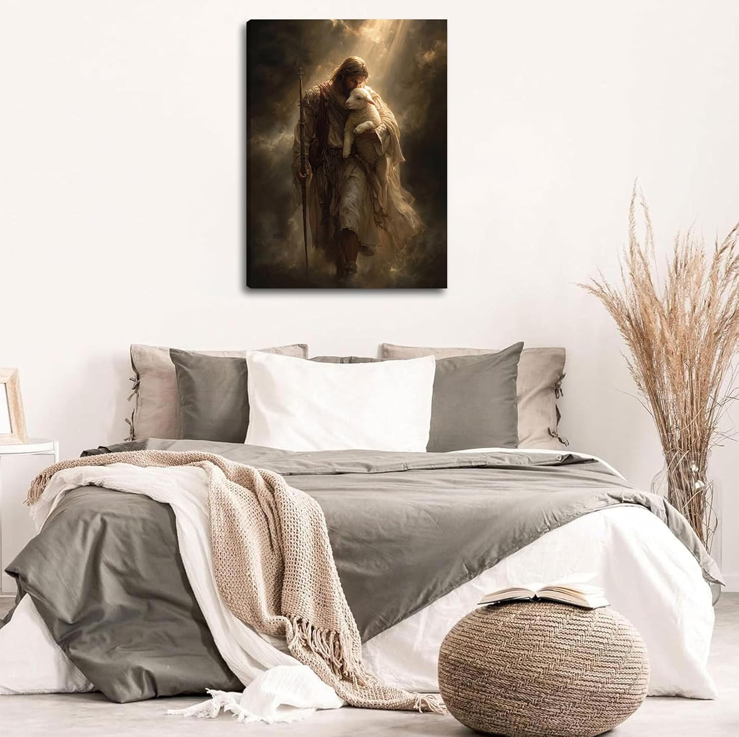 Jesus and Lamb Canvas Wall Art Jesus the Good Shepherd Poster Printings Religious Christian Paintings Inspirational Bible Faith Wall Decoration for living room, Church, Prayer room Decor 16x24 Inch