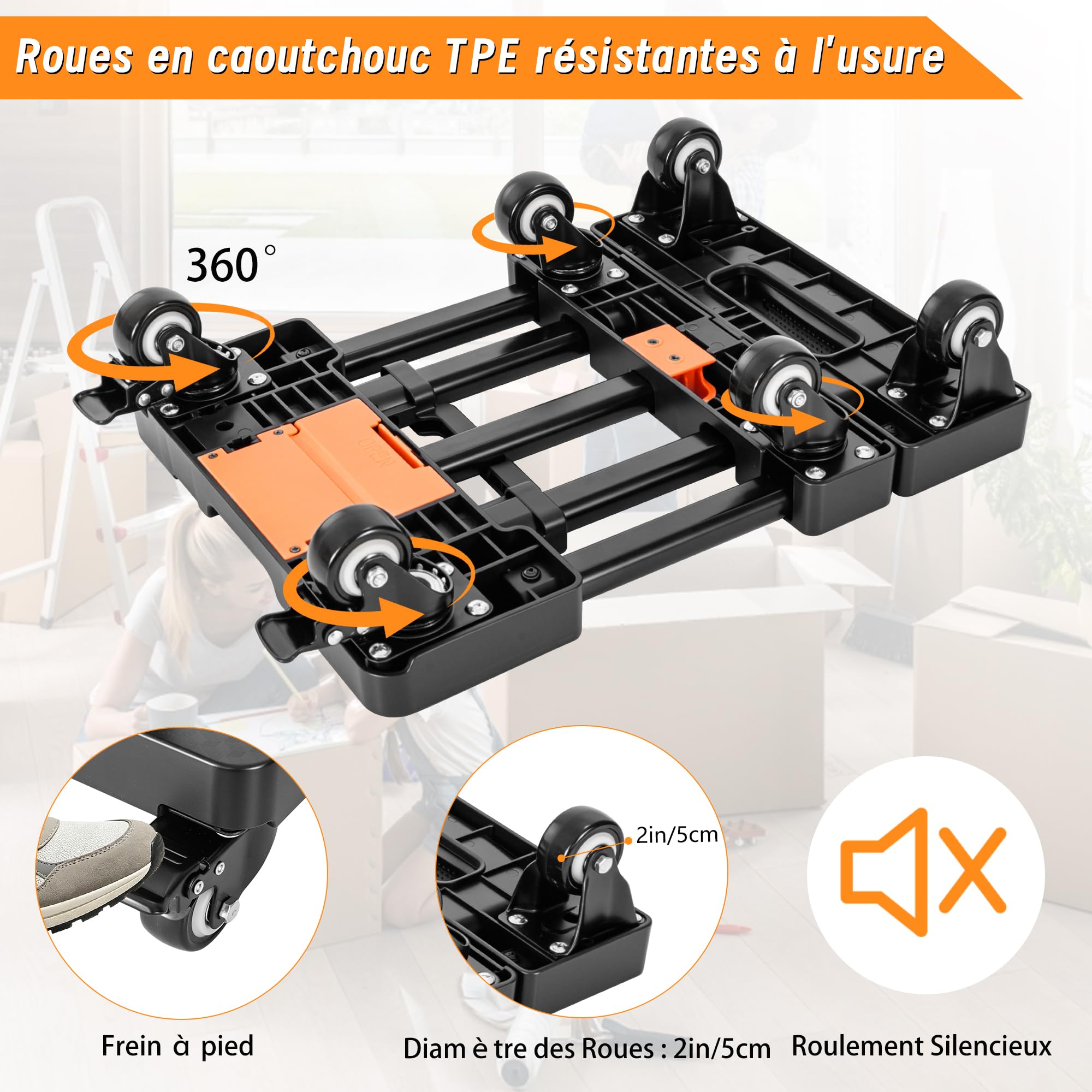 OUUTMEE Diable Pliable - Capacité de Charge Jusqu'à 225 kg | Roulettes Silencieuses, 6 Roues, 2 Cordes élastiques, Chariot à Utilitaire Pour Déménagement/Bureau/Transport intérieur
