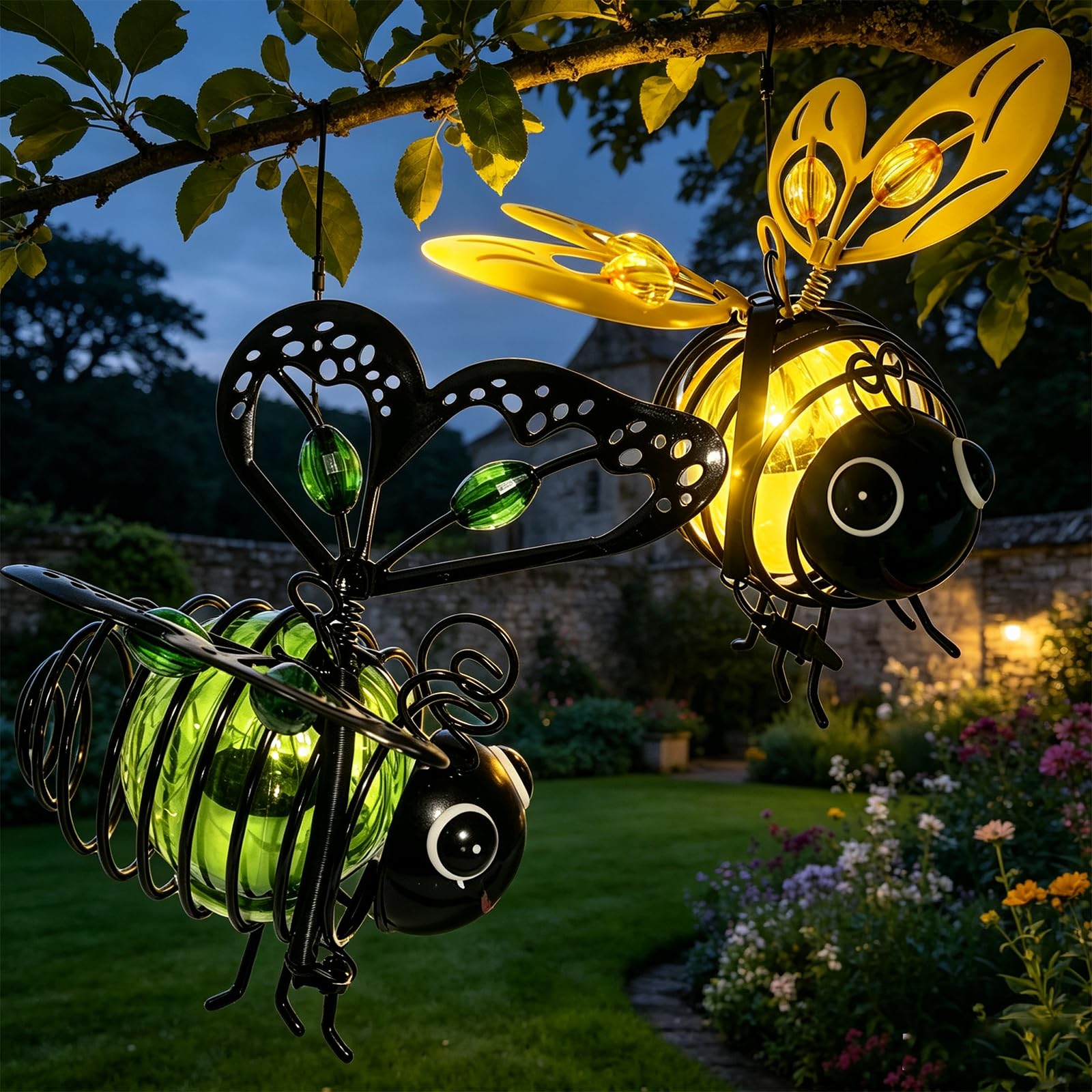 Solar Powered Hanging Bee Garden Light Outdoor, Metal Waterproof Garden Lantern, Auto-On Led Fairy Decor for Patio Yard Pathway (2pcs-h)
