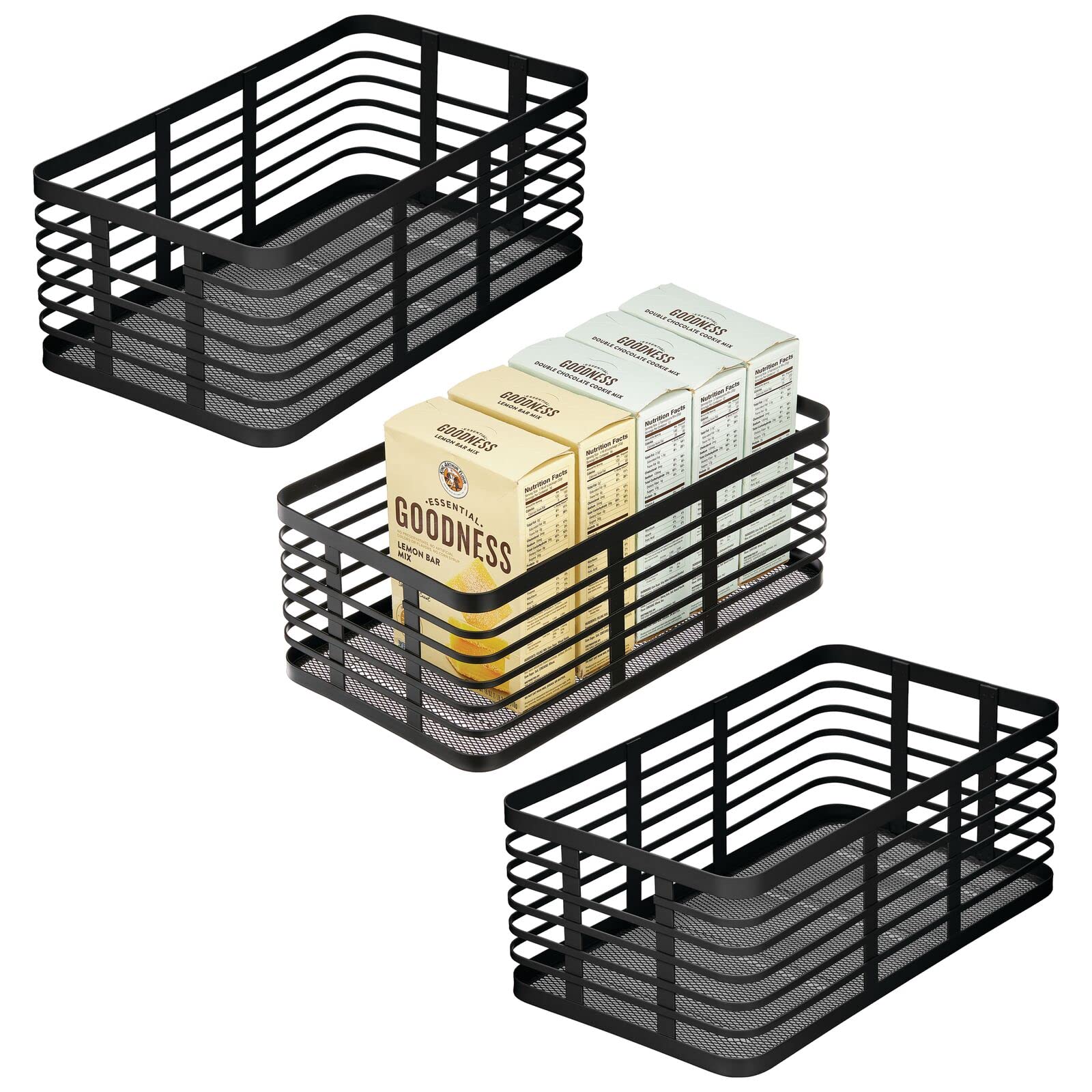 mDesign Metal Wire Food Bin Basket Organizer for Storage in Kitchen, Pantry Shelf, Cabinet, and Countertop, Bin for Fruits, Vegetables, and Snack Organization, Carson Collection, 3 Pack, Matte Black