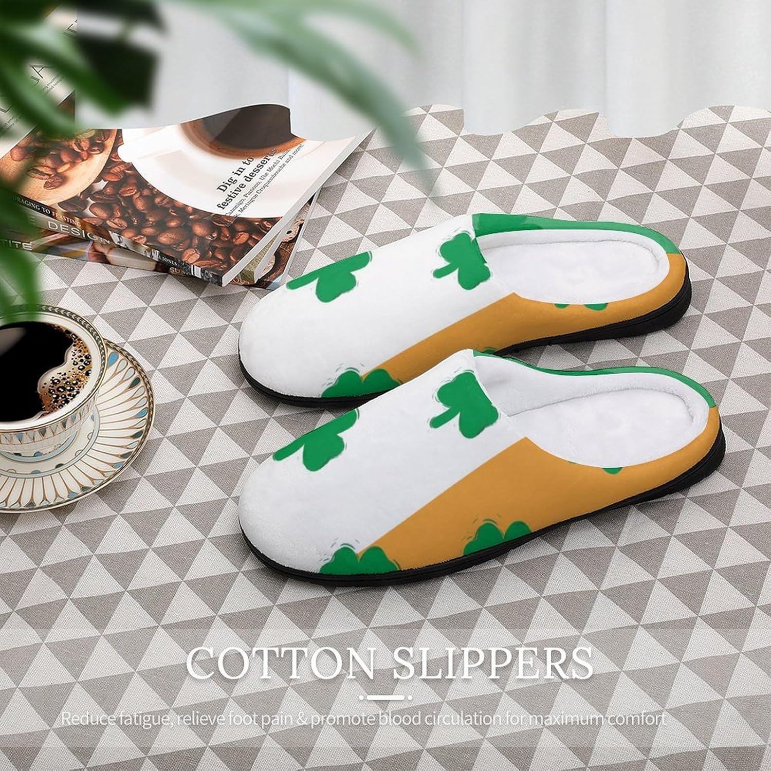 Clovers on The Irish Flag Women's House Slippers Memory Foam Warm Shoes Spa Rubber Sole Indoor Outdoor