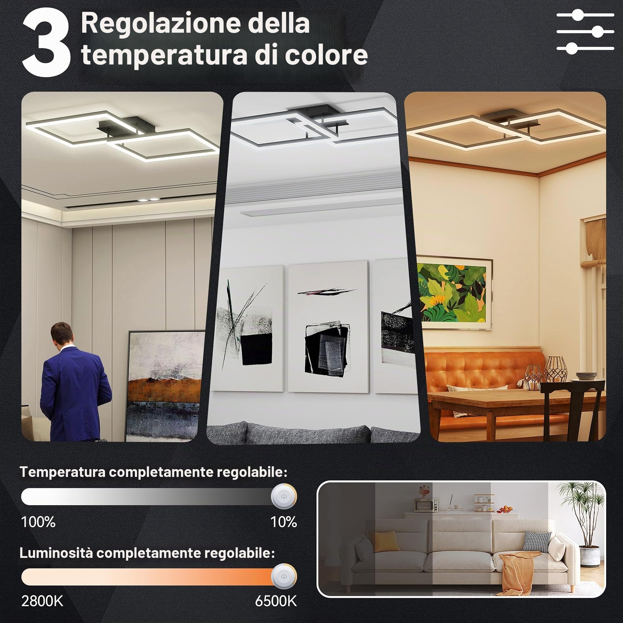 Froadp Moderna lampada da soffitto a LED, dimmerabile, 60 W, colore nero, 40 cm, lampada da soffitto quadrata con telecomando, lampada da soggiorno 2800 – 6500 K, IP44, a risparmio energetico, per