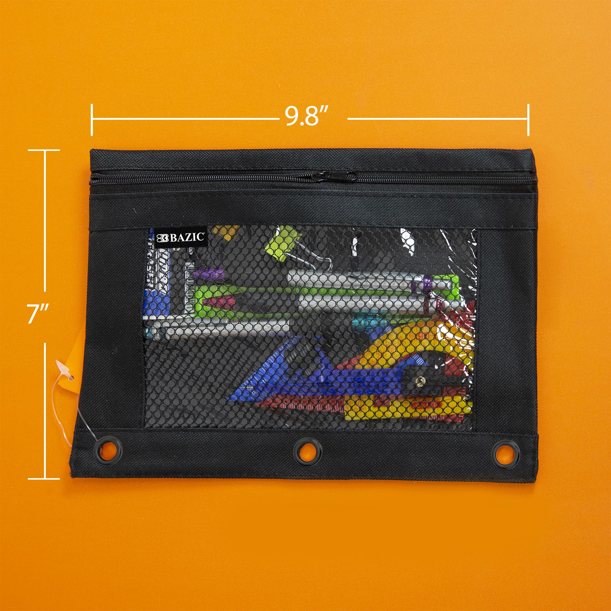 BAZIC - Bolsa para lápices con 3 anillas con agujeros para anillos forzados, ventana de malla, bolsas con cremallera, color negro, 10 unidades
