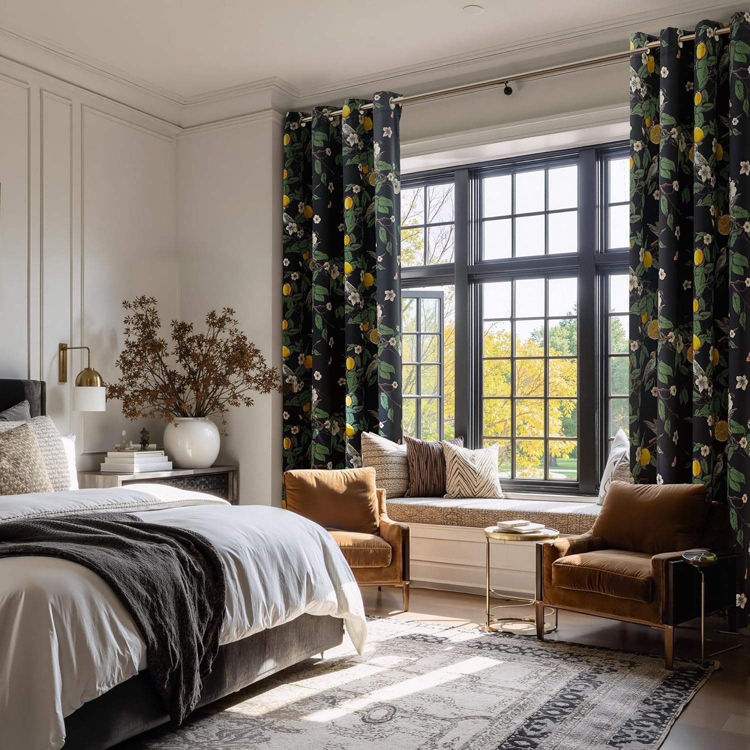 NICETOWN 100% Blackout Floral Curtains for Bedroom, W52 x L84 2 Panels, Hummingbird Lemon Botanical Print Design Thermal Insulated Privacy Drapes, Black Out Curtains for Living Room, Farmhouse