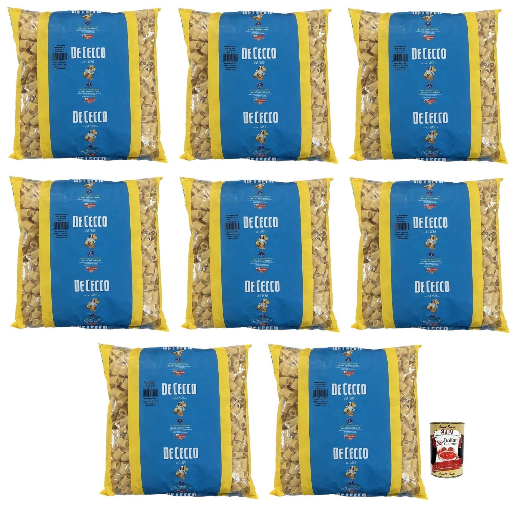 Italian Gourmet Mezzi Rigatoni pasta di semola 8 x 3kg Hartweizen | Formato professionale per ricette al forno, gerillte Röhren nehmen Ragù und, Gesamtnettogewicht 24 kg + Kostenlos Polpa 400g