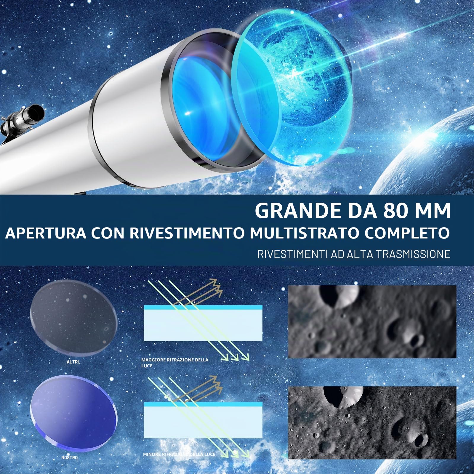 Telescopio Astronomico per Adulti, 80 mm Apertura 800mm AZ Telescopi Rifrattori per Principianti, HD Telescopio Portatile con Regolabile Treppiede, borsa,Adattatore Telefonico