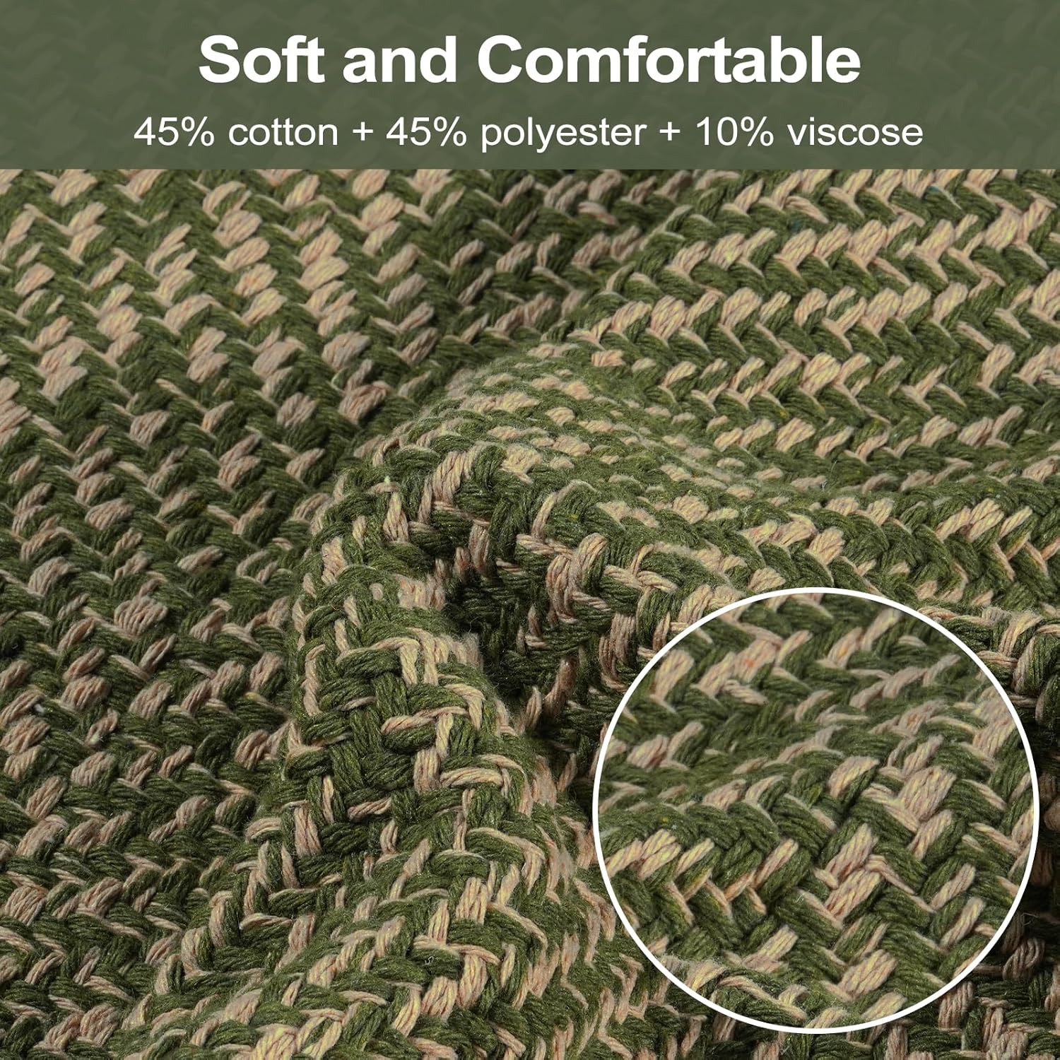 LEEVAN Washable Area Rug 4x6, Hand-Woven Cotton Living Room Rug, Green/Natural Braided Bedroom Rug, Farmhouse Indoor/Outdoor Floor Carpet for Patio, Nursery, Office, Playroom, Dining Room