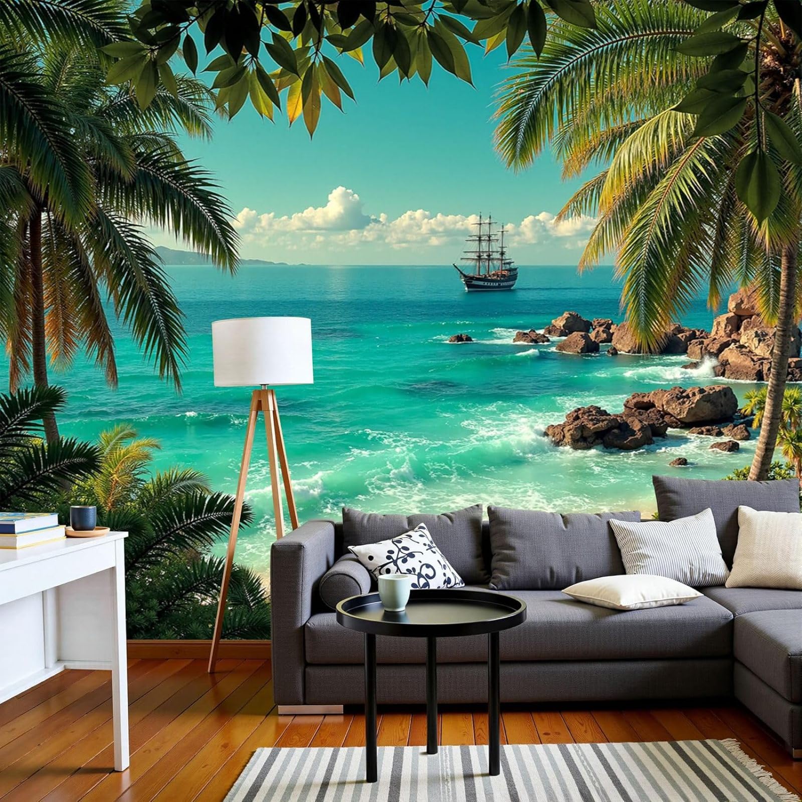 Photo wallpaper Natural Palm Trees 3D Effect, Tropical Coastal Landscape for Living Room Bedroom, Green Non-woven Wallpaper Wall Mural for Wall Decoration, 350cm x 256cm Stickers - Frameless Painting