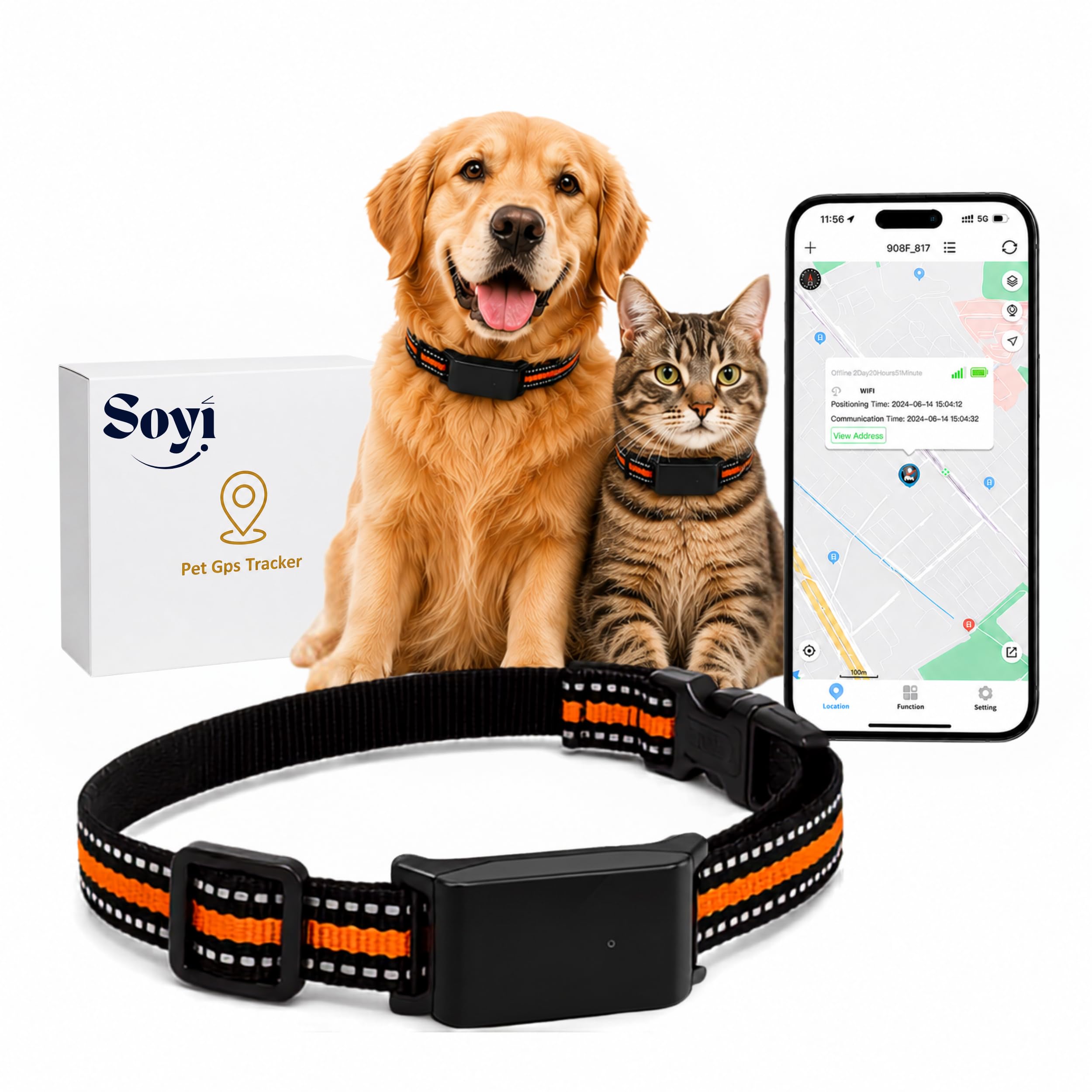 Soyi – Collier GPS Chat et Chien avec Carte SIM Incluse et 1 an de Service, Compatible iOS et Android, Localisation en Temps Réel, Suivi d'Activité et du Sommeil, Batterie Longue Durée, Étanche
