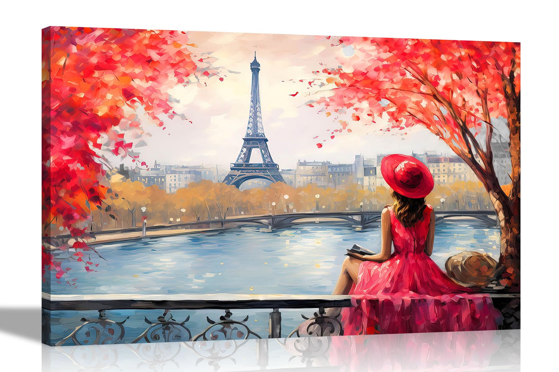 Artley Prints Landscape Red - Landscape Alone And Blissful In Paris Red Canvas Wall Art: Abstract Prints For Living Room Decor - Ready To Hang Pictures 60 X 40Cm (24 X 16 Inches) A2