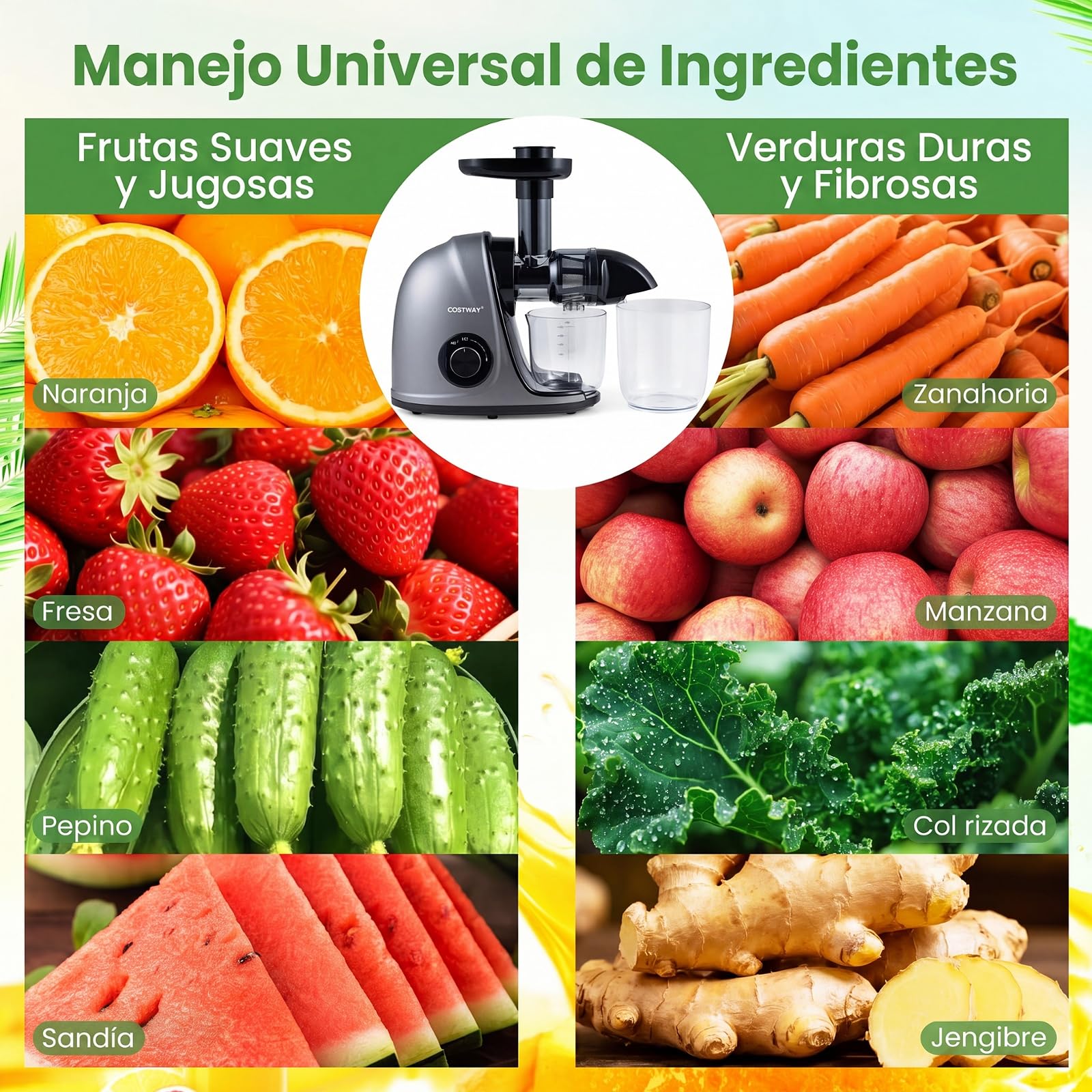 COSTWAY Licuadora para Verduras y Frutas, Rendimiento del 95% | Extractor de Zumos y Verduras, Función de Reversa y Motor Silencioso, 7 Modos y 2 Velocidades, Sin BPA, Fácil Limpieza