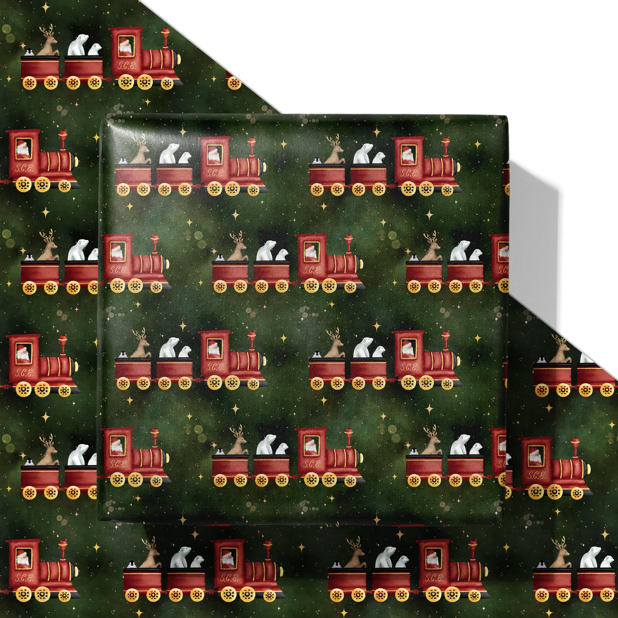 SaringSwoon Vintage Train Christmas Wrapping Paper for Baby Boys Girls Kids - Green Xmas Wrapping Paper with Red Trains, Santa, Polar Bears, Penguins for Holiday - 40×28 Inches, 4 Folded Sheets
