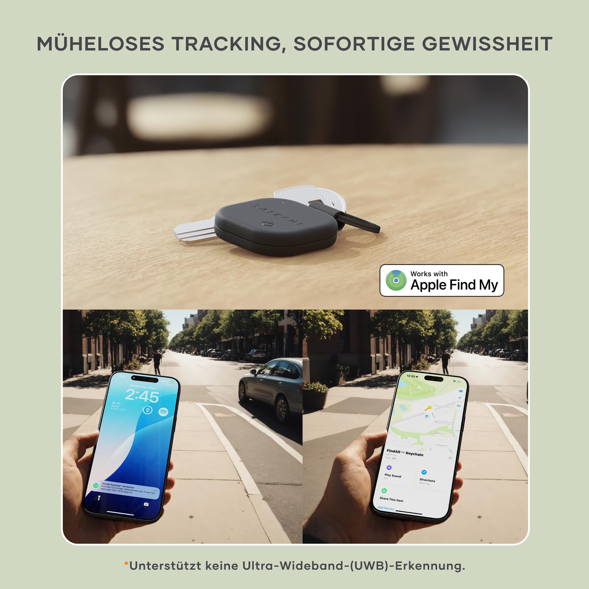 SATECHI FindAll Schlüsselanhänger mit Find My, Tracker, Ortung, Standortverfolgung, kabellos aufladbar, Trennungsalarm, lauter Signalton, kompatibel mit iPhone, iPad, Mac – Schwarz