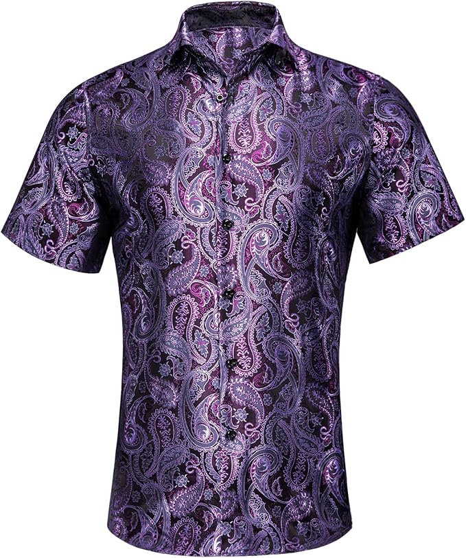 Hi-Tie Mens Short Sleeve Dress Shirt Button Down Casual Hip Paisley Shirt for Summer Beach Party