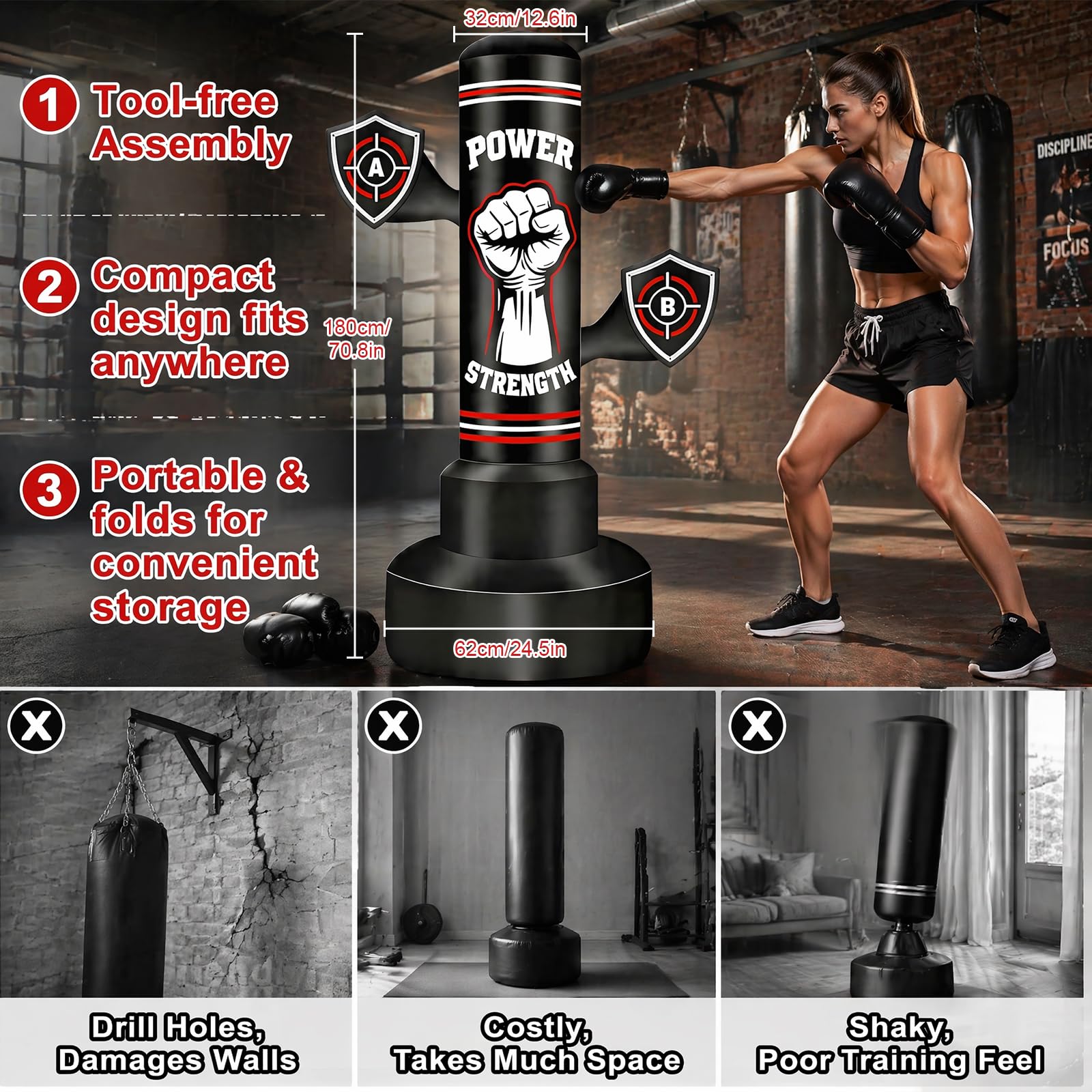 Sac de Frappe sur Pied Adulte 180cm, Qoosea Punching Ball Gonflable avec Gants de Boxe et Pompe à Air, Sac de Boxe Autoportant pour Entraînement de Kickboxing, MMA Karaté