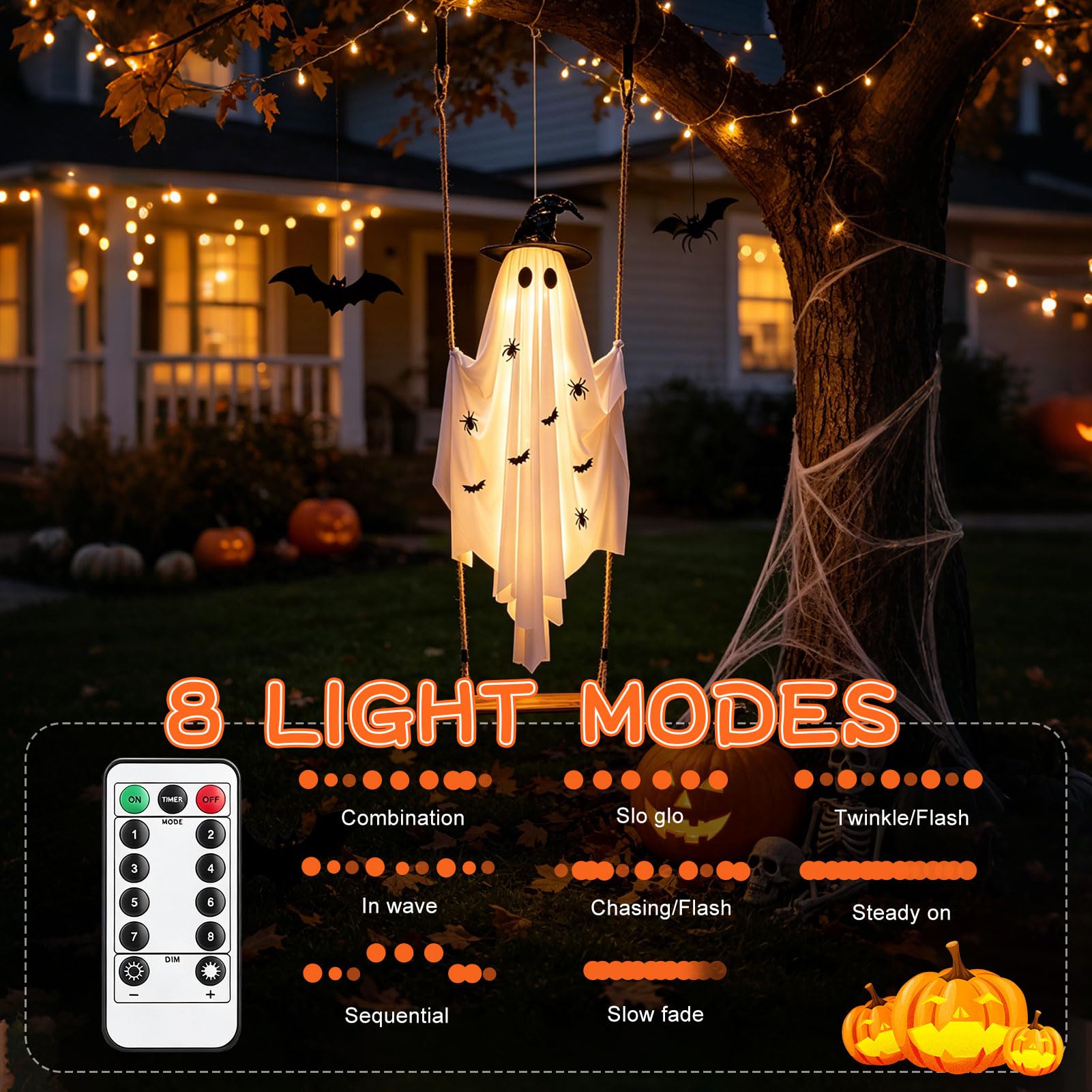 Halloween Deko Geist mit Kürbis Eimer,1.5M Halloween Deko Hängender Geister mit 8 Lichtmodi & Fernbedienung,Gespenster Halloweendeko,Gruselige Windsack für Außen Innen Garten Terrasse Party (D)