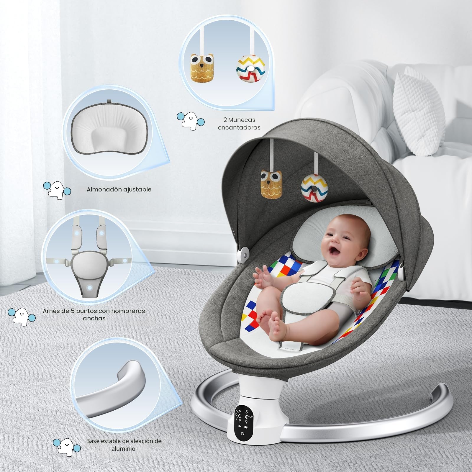 Mecedora Bebe Eléctrica hasta 9 kg, Hamaca Bebé con Bluetooth y Mando a Distancia, Silla Mecedora para Bebe Plegable con Arnés 5 Puntos, Visera Solar y Mosquitera, 10 Canciones