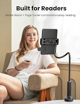 Gooseneck Kindle Holder with Remote Page Turner for Reading in Bed,Tablet Mount Holder for Desk,Flexible Long Arm for Tablets iPhones Kindle Accessories