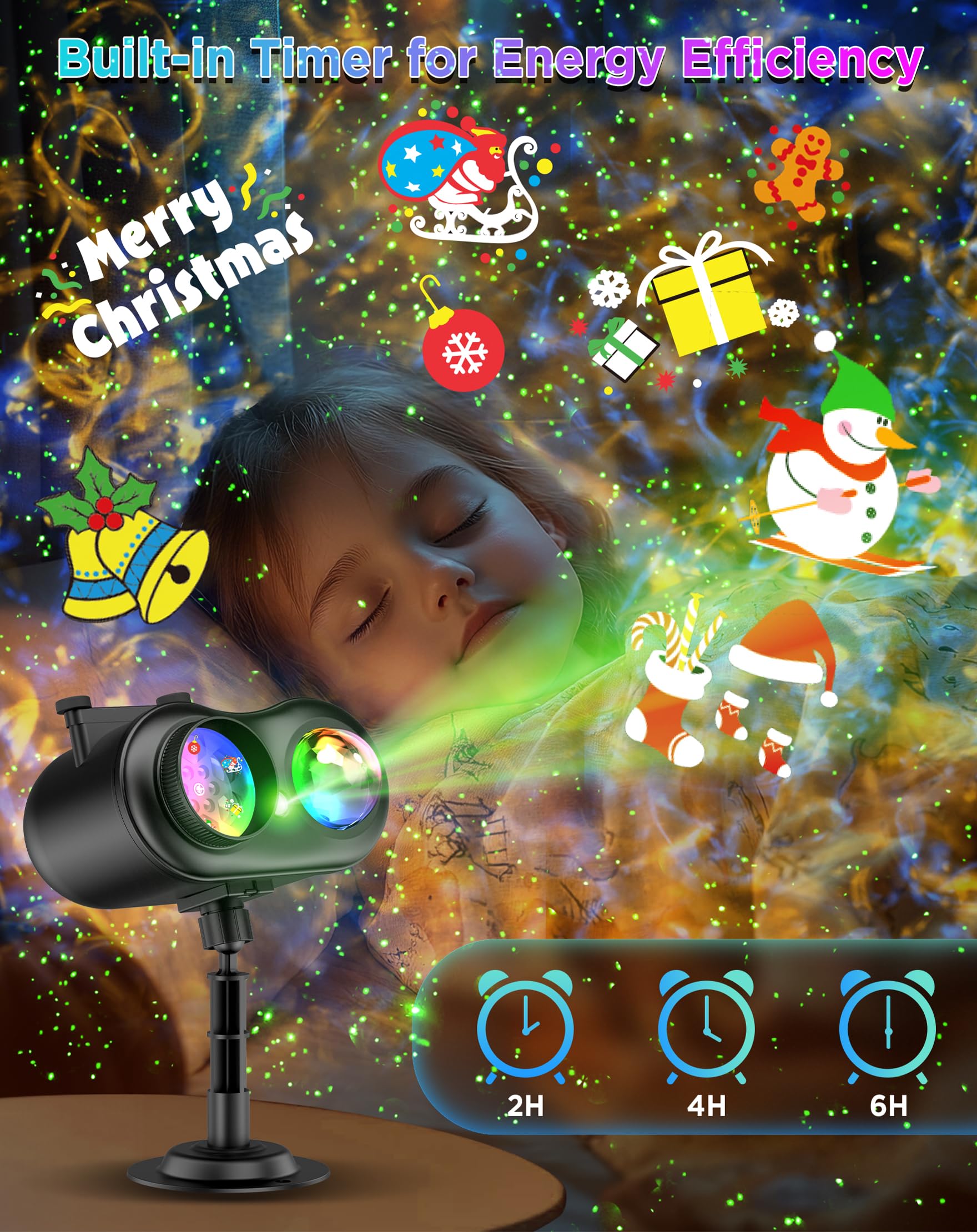 Weihnachtsprojektor Lichter Außen Wasserdicht, 20 Folien & 8 Helle HD Muster, Glühwürmchen & Ozeanwellen-Effekte, Timer Schneeflocke Lichtprojektor für Haus Hof Xmas Neujahr Valentinstag Thanksgiving