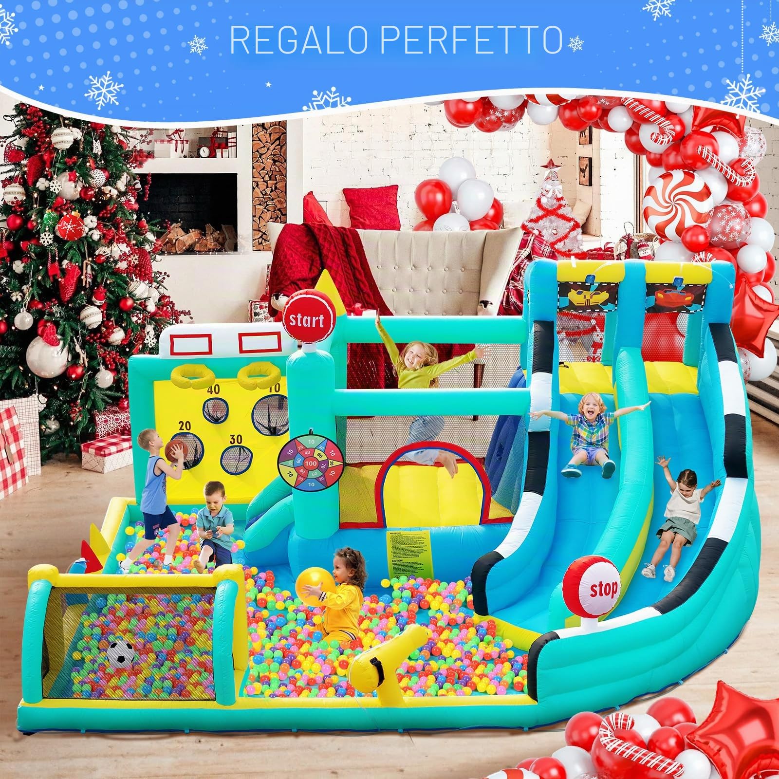 Castello Gonfiabile Grande per Bambini con Acquatico Scivolo, Piscina, Pareti Arrampicata, Trampolino, Canestro da Basket per Interno Giardino Esterno, 470×400×220cm