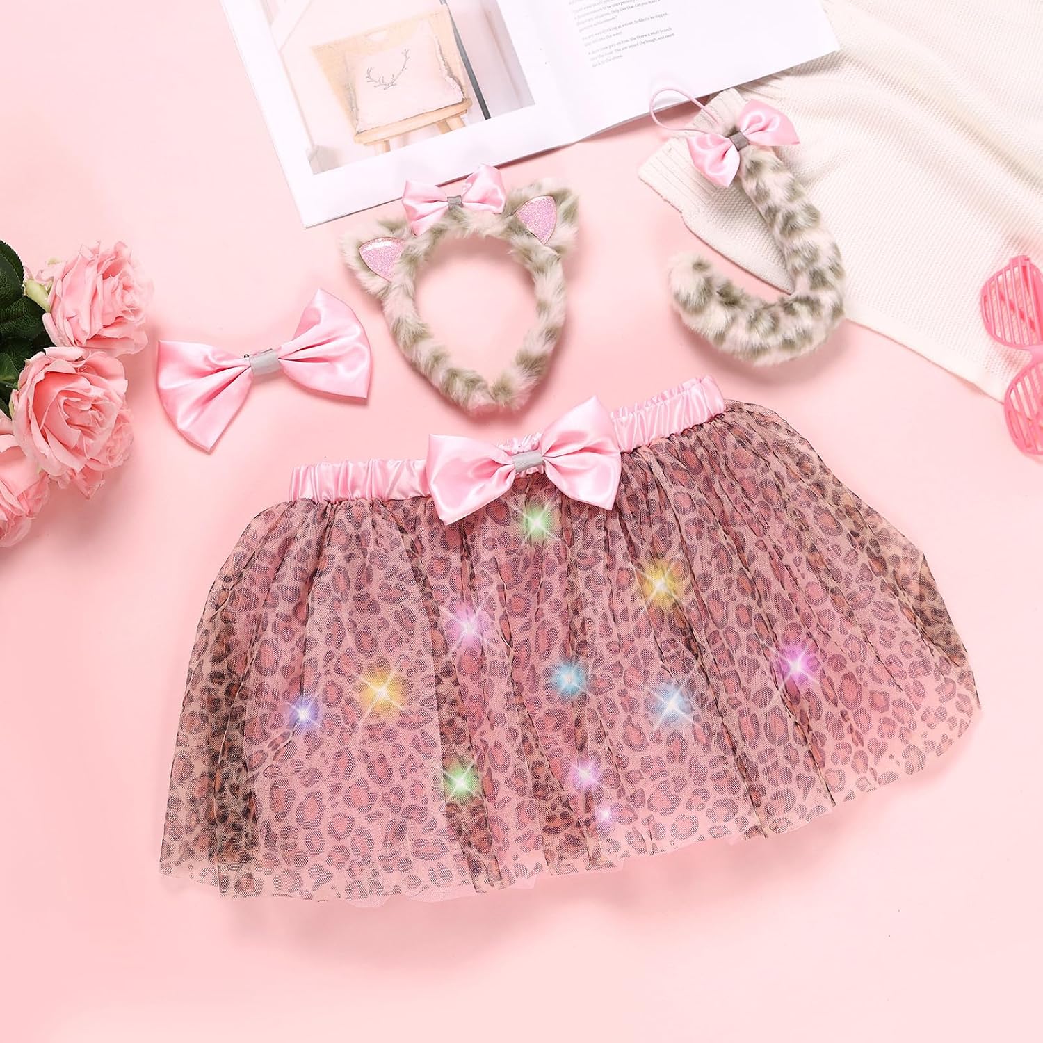 PinkSheep Girls Costume Set,Led Light Up Girls Tutu Skirt with Headband Bow Tie, Kids School Party Outfit Dress Up Cosplay