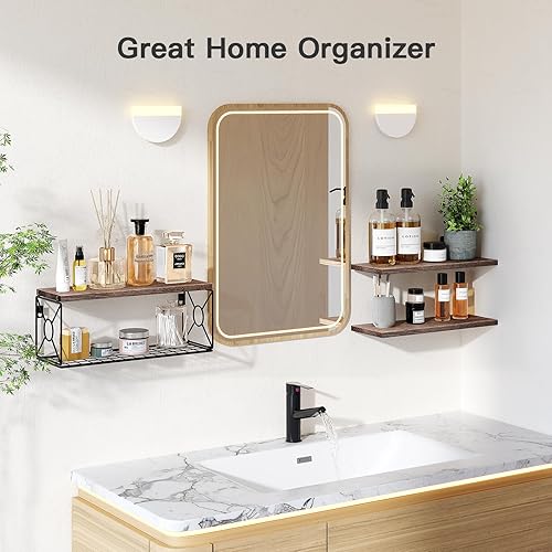 Vista 11 de Amada - Estantes de baño con cesta de almacenamiento, estantes flotantes de pared para organización del hogar y decoración de pared, estantes