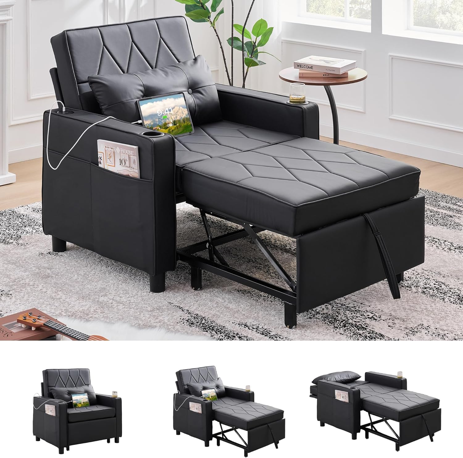 TYBOATLE Leather Convertible Sleeper Chair Bed for Adults, 3-in-1 Pull Out Sofa Chair Bed with USB/Type-C Ports, Cup Holders, Side Pockets, Single Sofa for Living Room, Office, Bedroom (Black)