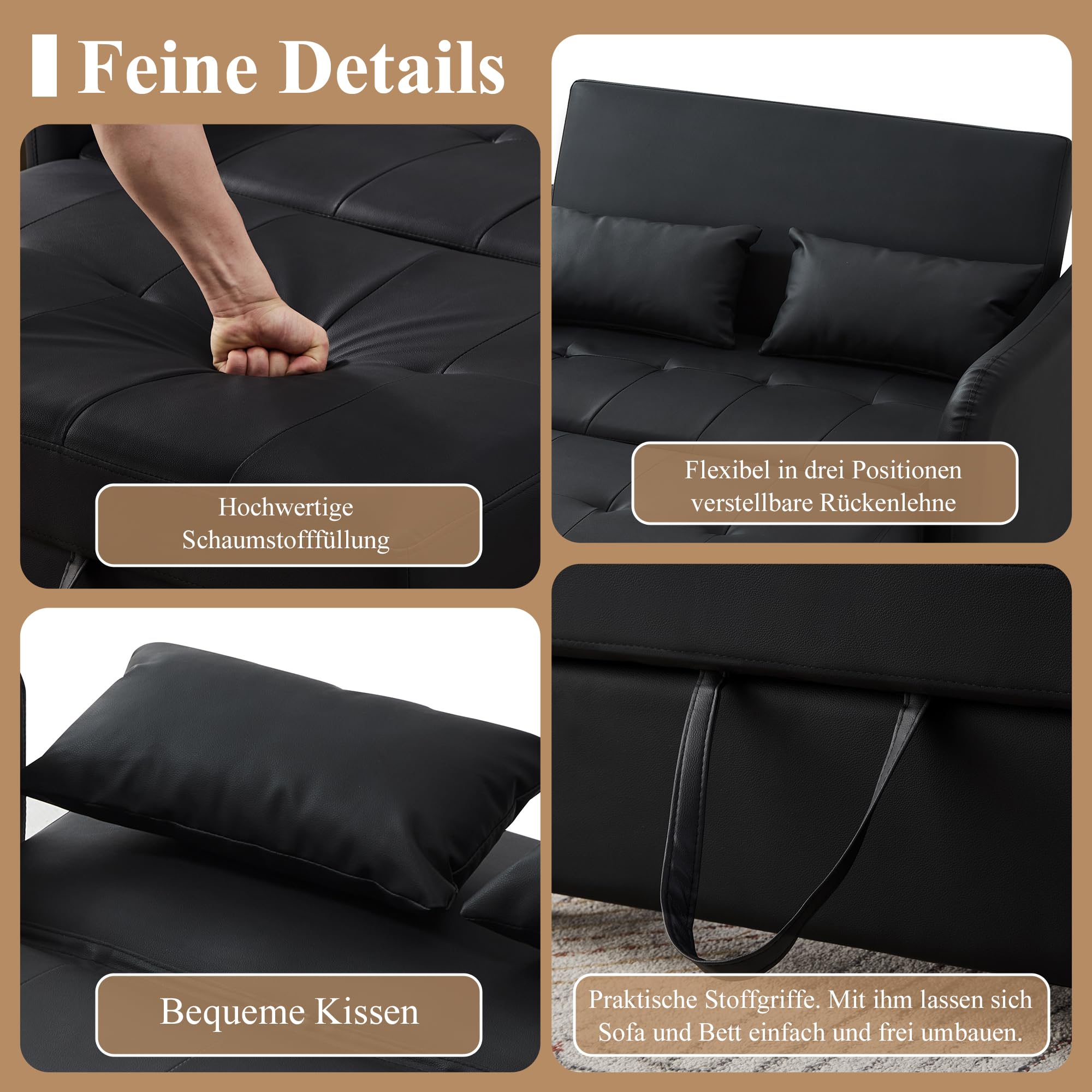 Zepneiy Canapé Convertible 2 Places avec Dossier réglable sur 3 Niveaux, Canapé Lit Noir pour Salon Villa