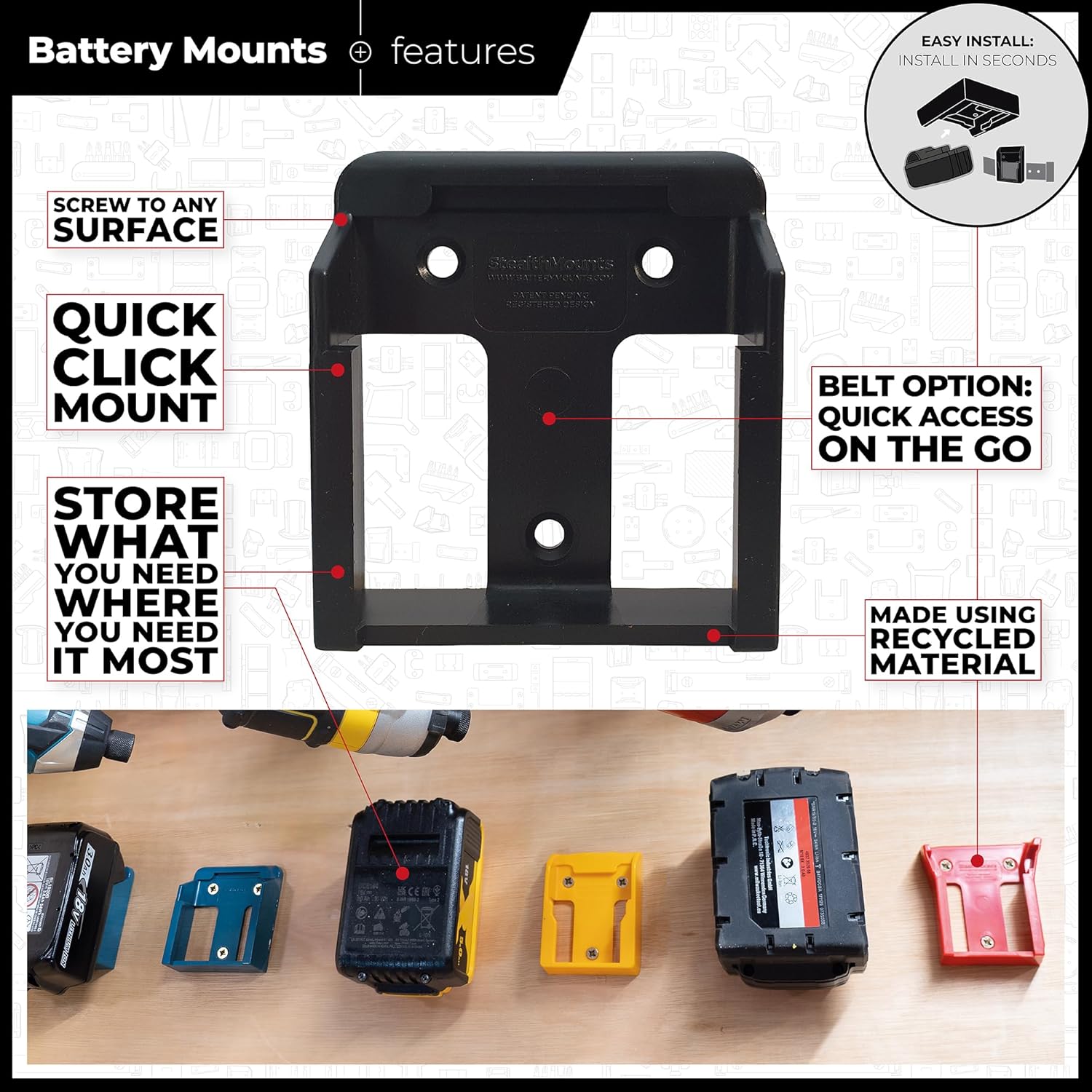 Makita 18V Compatible Battery Mounts & Organizers | 6-Pack of StealthMounts | Drill Holders, Battery Brackets & Battery Storage for Home Tools Organisation & DIY Garage Workshop Organisation.