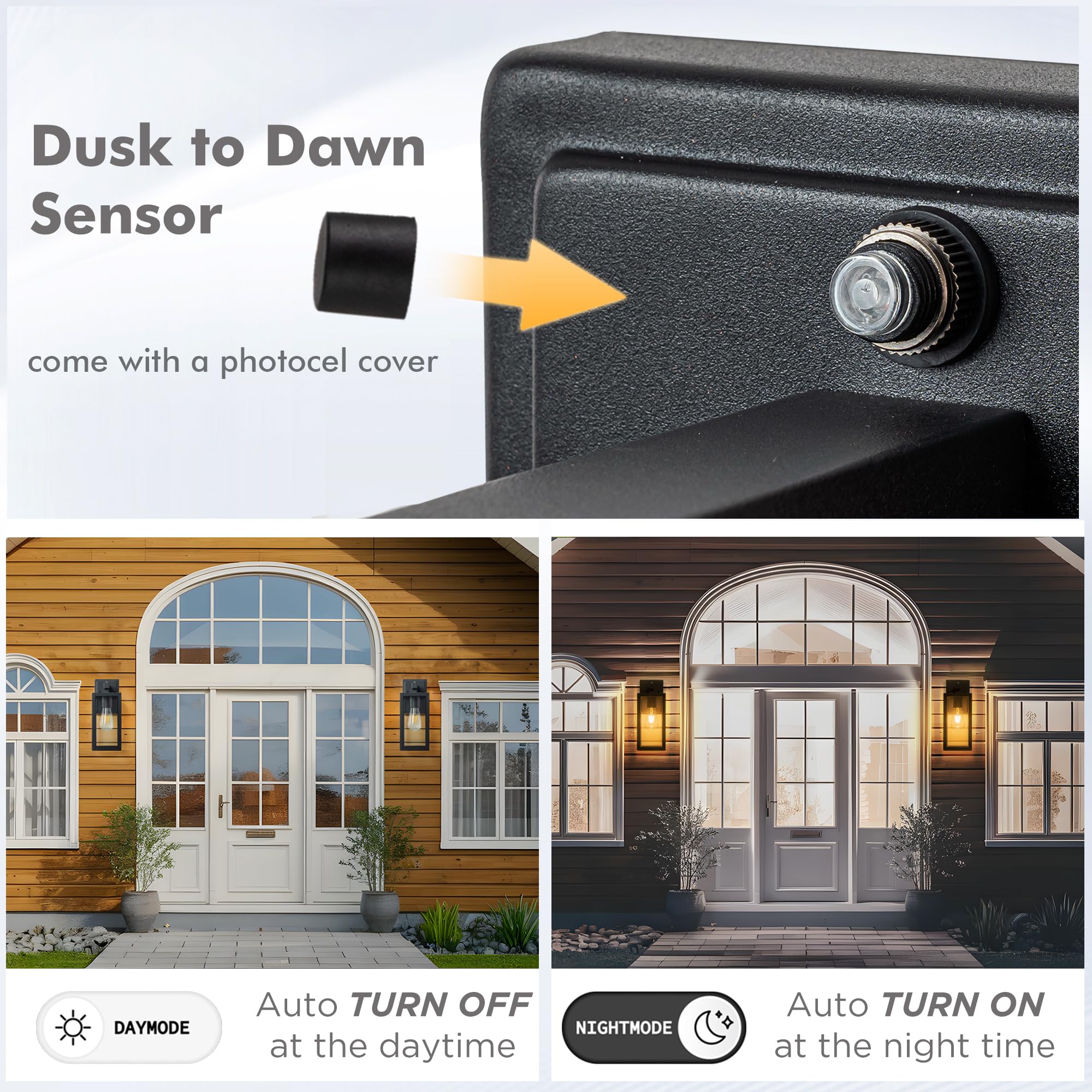FTL Lampada da Parete con Sensore per Esterno dal Crepuscolo all'Alba E27, Nero Luci Esterne da Parete con Sensore Crepuscolare, Impermeabile IP44 Applique Lanterna da Parete in Vetro per Giardino