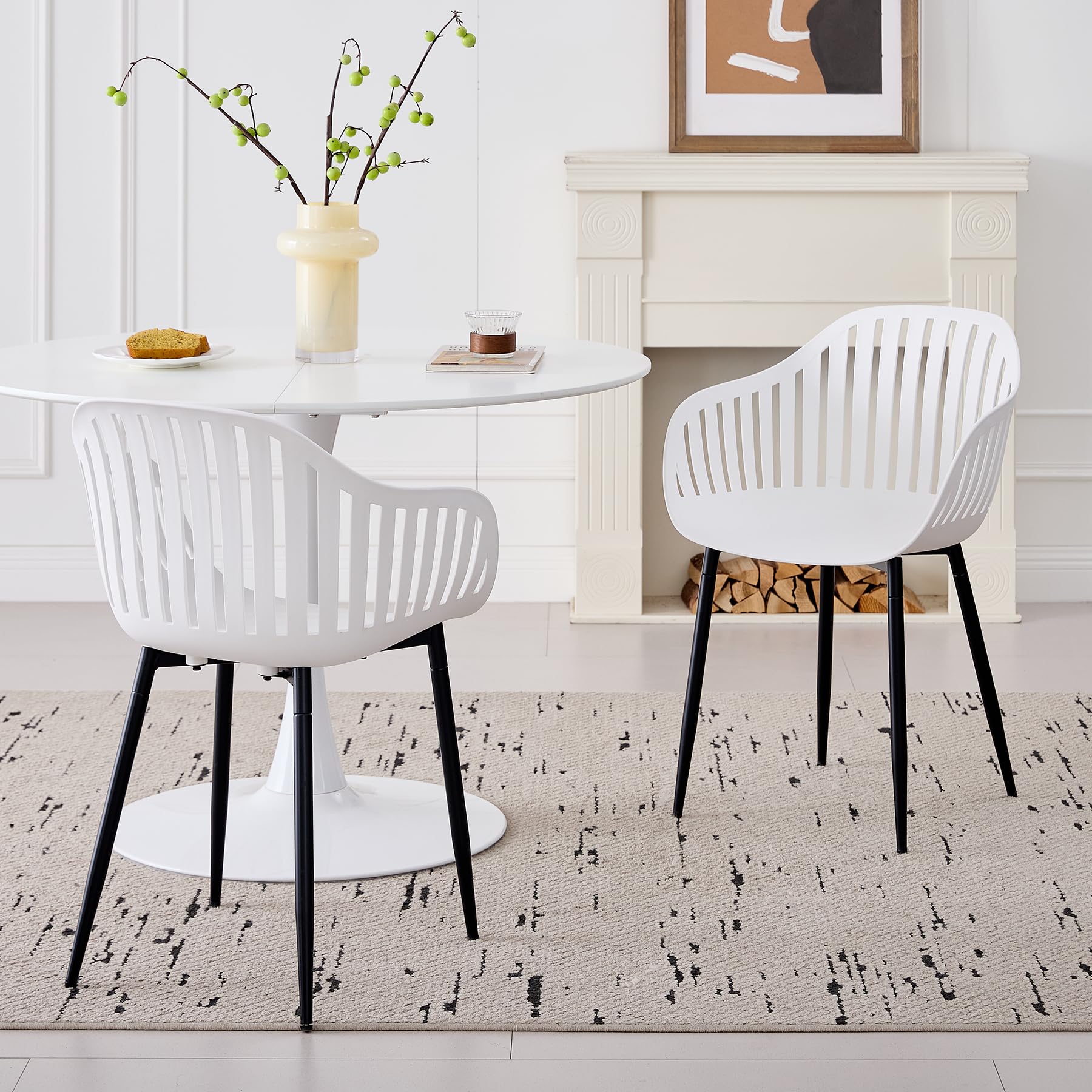 GrandCA HOME Juego de 4 Sillas de Comedor Modernas, Sillas de Cocina con Respaldos Huecos Verticales, Reposabrazos y Patas de Metal Negro, Adecuadas para Salas de Estar, Balcones, Oficinas - Blanco