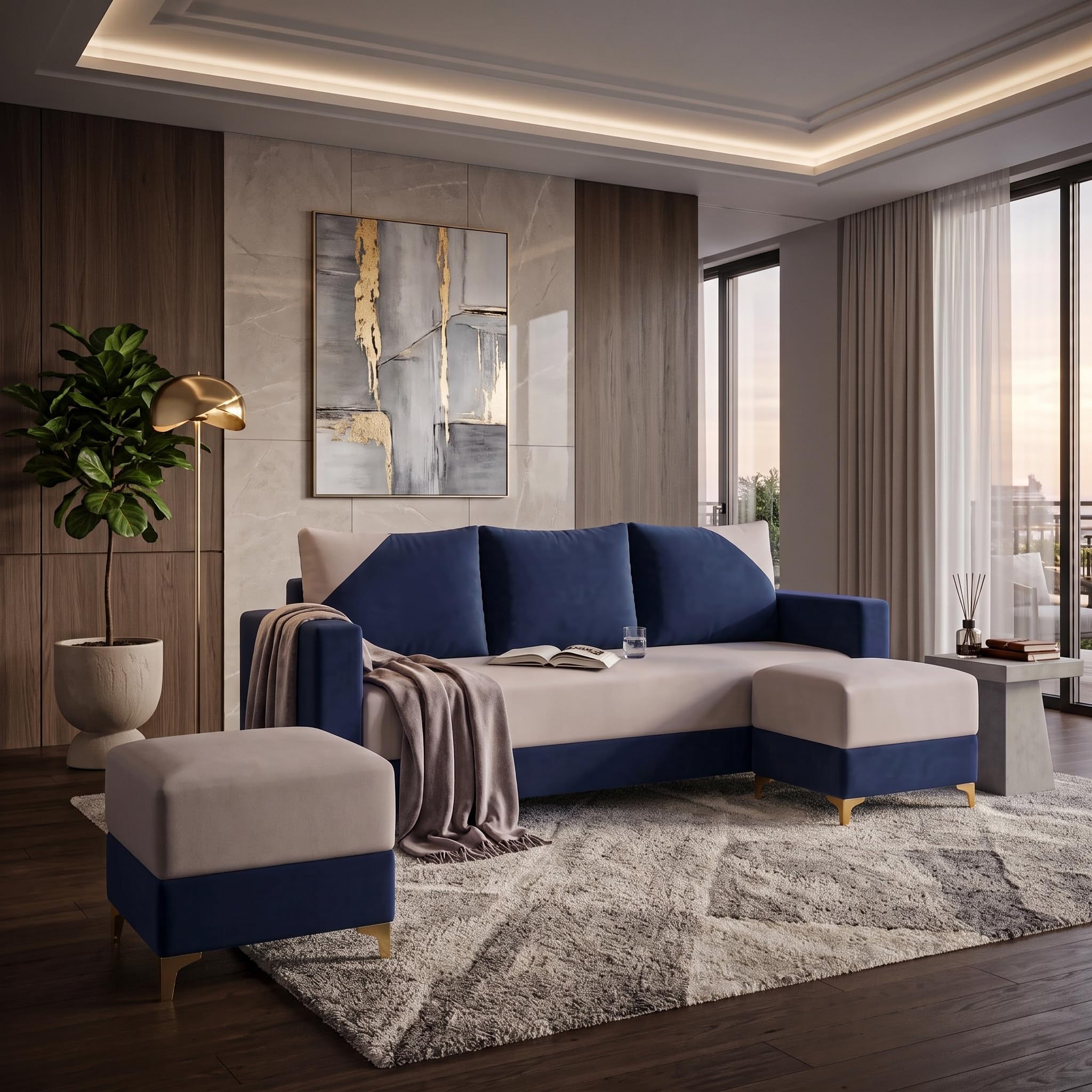 Torque - Lifestyle 3 Seater + 2 Ottoman L Shape Sofa Set for Living Room (Blue) | Velvet Fabric Upholstered | Modern Cushioned Comfortable Couch for Home Office & Drawing Room-image-44