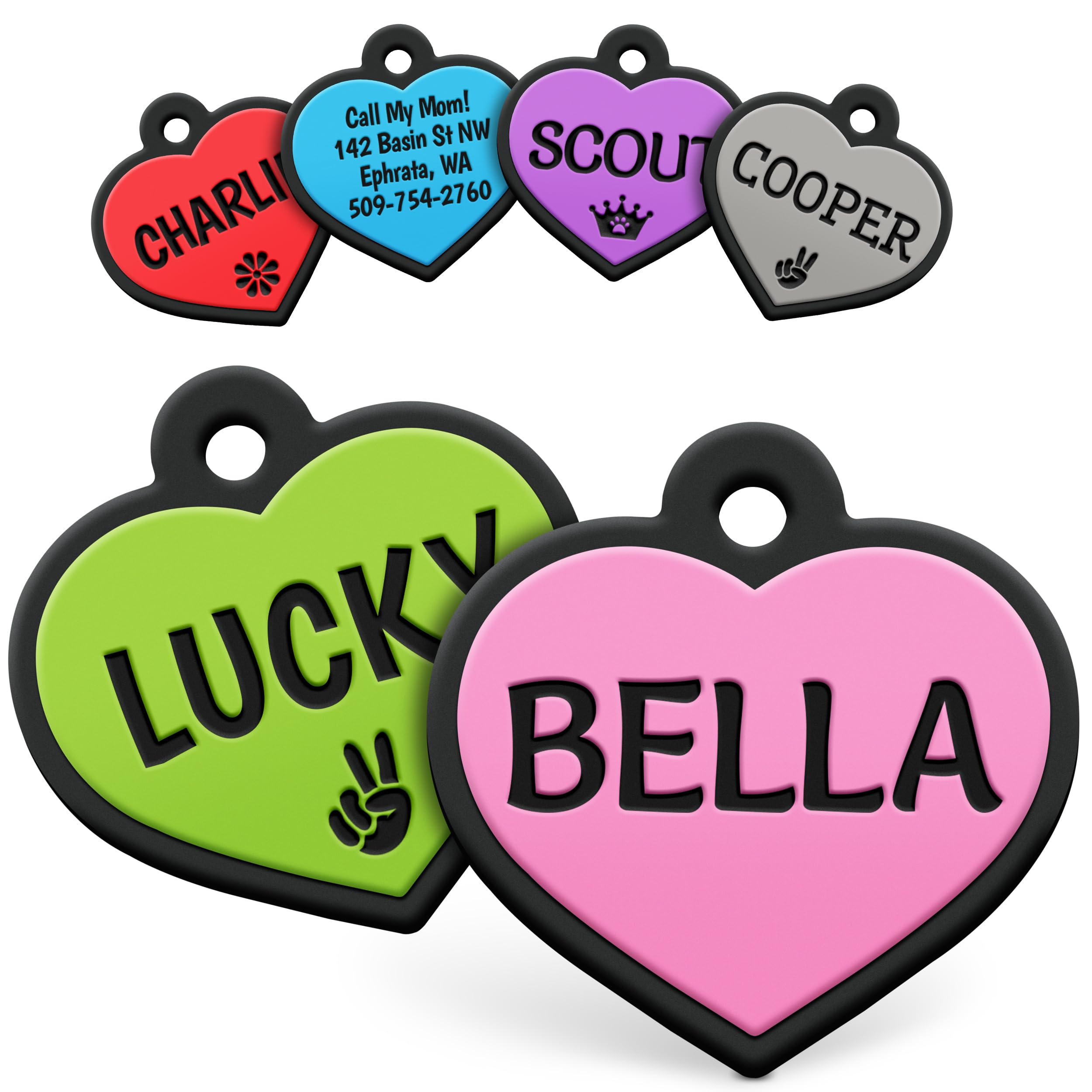 GoTags Silicone Dog Tags, Soundless Pet Tag, Personalized Silent Tag Engraved for Pets with Cute Custom Designs, for Dogs and Cats, (Heart, Pink)