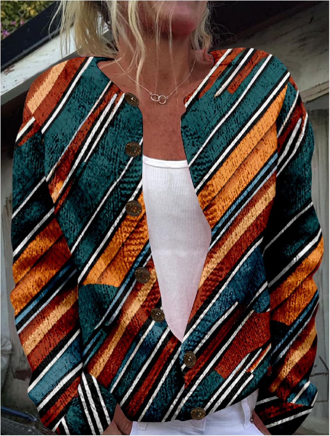 Striped Sweater Women Western Aztec Print Cardigan Button Up Cropped Knitted Oversized Fashion Open Front Blouses - Image 2