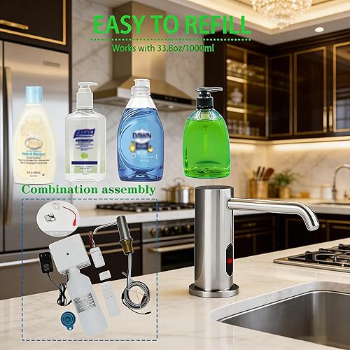 Miniatura 4 de Dispensador automático de jabón sin contacto para cocina y baño, dispensador de jabón líquido eléctrico de níquel cepillado integrado con gran