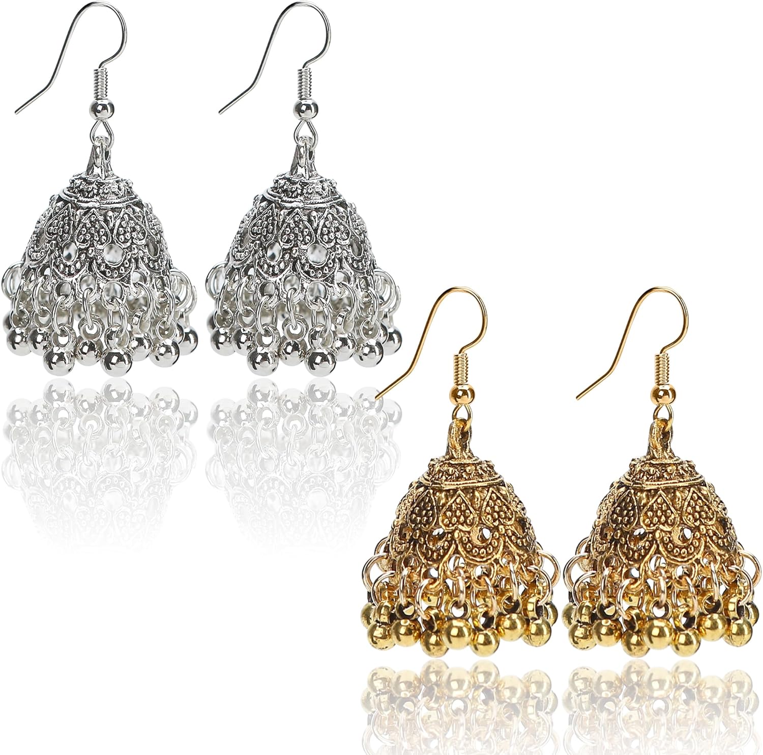 2 Pair Vintage Jhumkas Earrings for Women, Handmade Ethnic Antique Traditional Gold Plated Silver Earring – Small Indian Jhumki Jewelry Micro Earring Bell Tassel Drop Hanging Pendientes